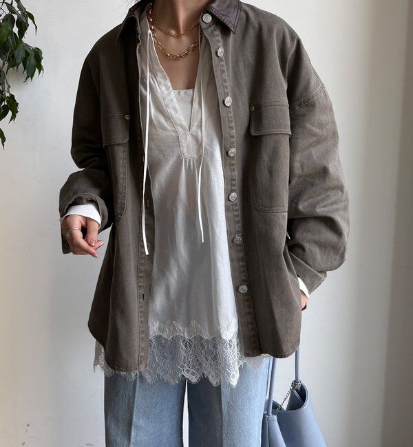  「フェイクレザー衿シャツジャケット」|ブルゾン・スタジャン|