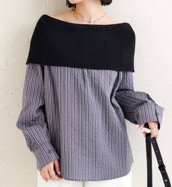  「オフショルリブストライプシャツ」|シャツ・ブラウス|チャコールグレー