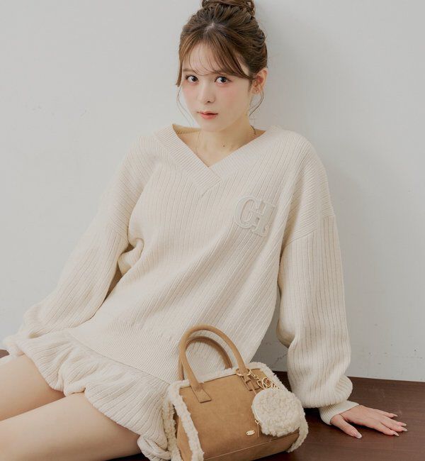  「【セットアップ対応】Vネックルーズニット」|ニット・セーター|アイボリー