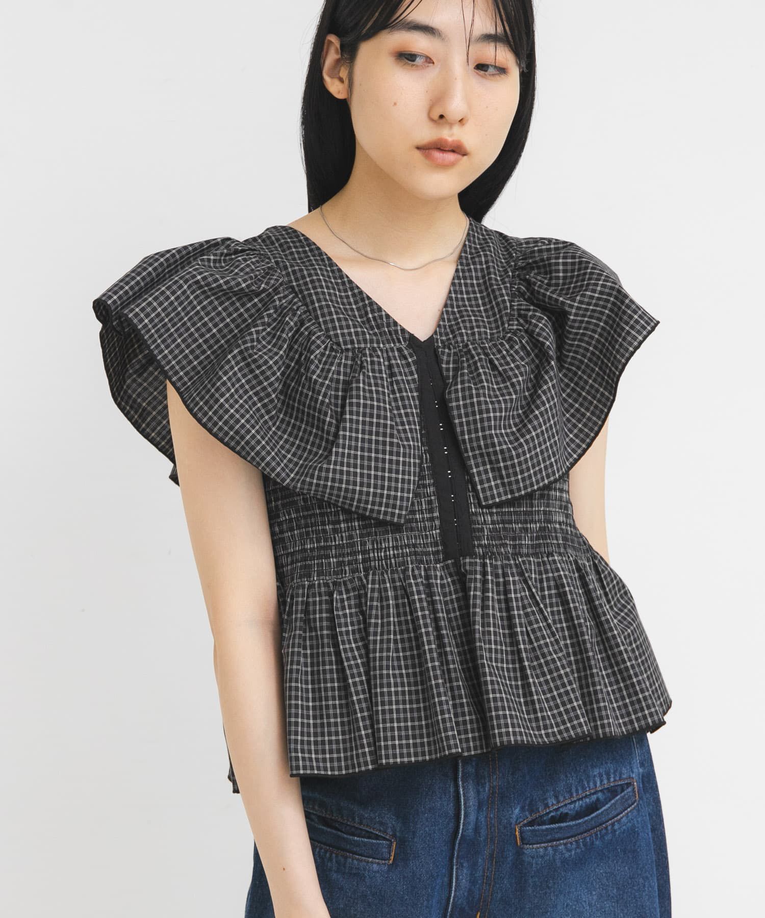  「フロントホックチェックフリルブラウス」|シャツ・ブラウス|