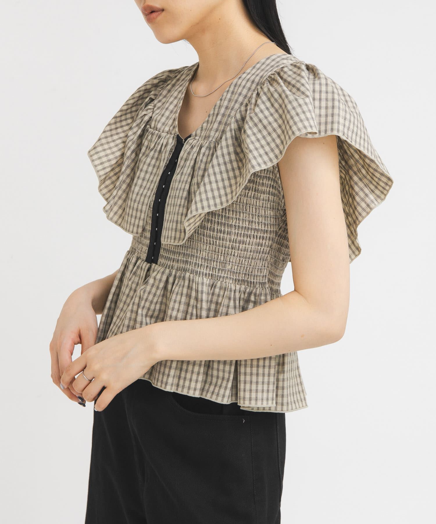  「フロントホックチェックフリルブラウス」|シャツ・ブラウス|