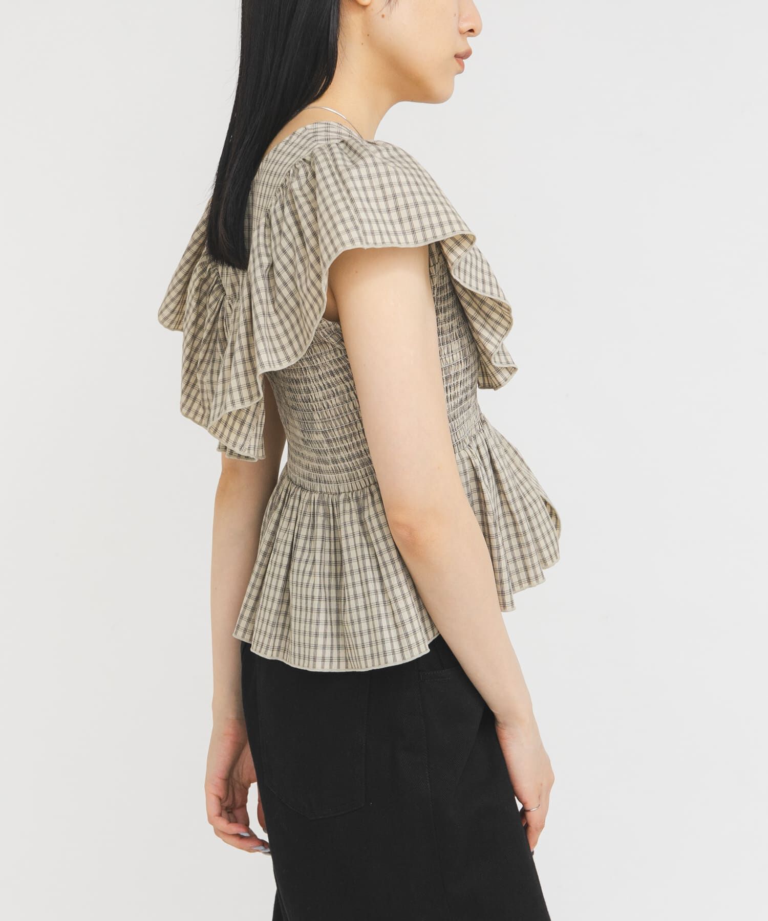  「フロントホックチェックフリルブラウス」|シャツ・ブラウス|