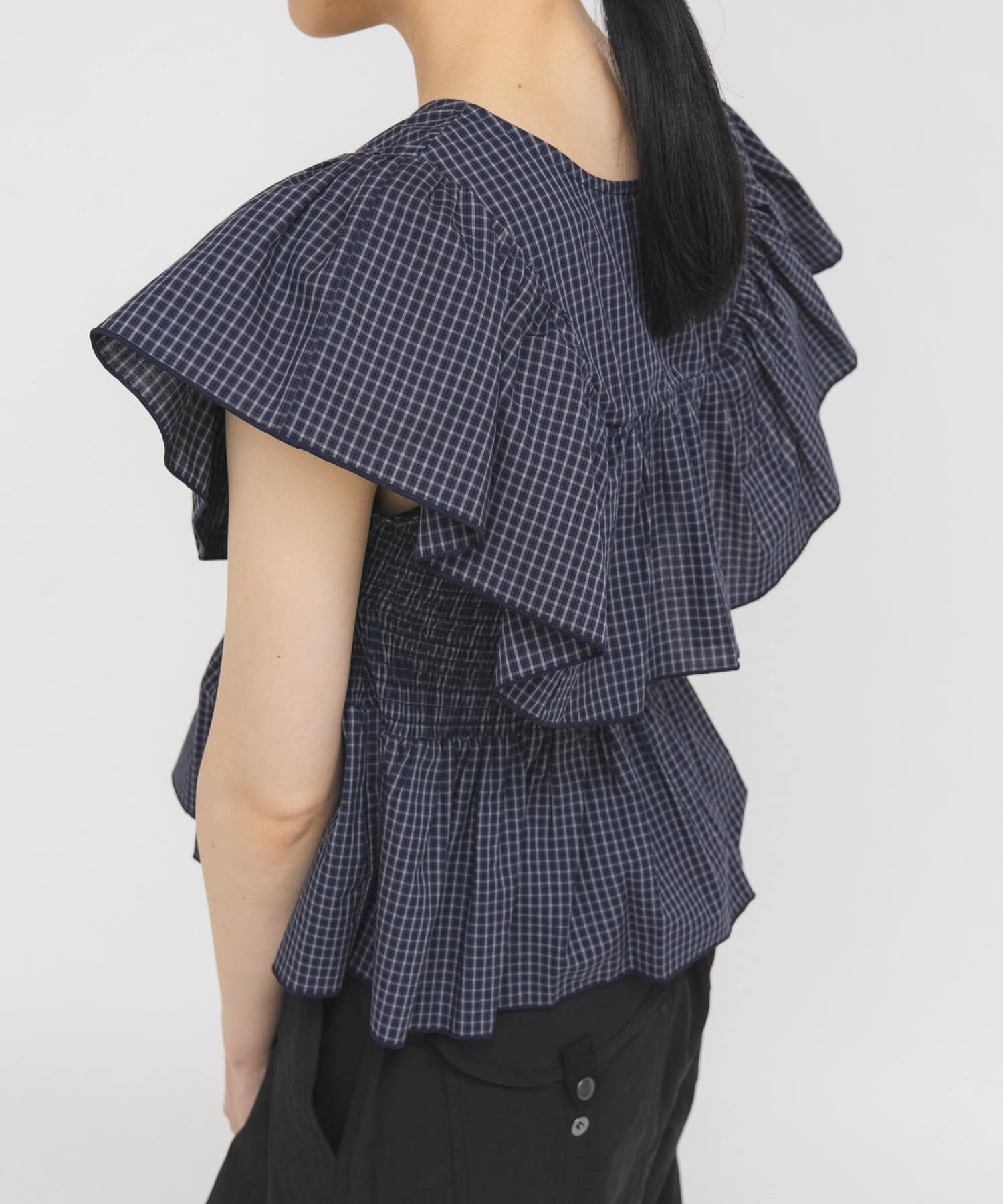  「フロントホックチェックフリルブラウス」|シャツ・ブラウス|