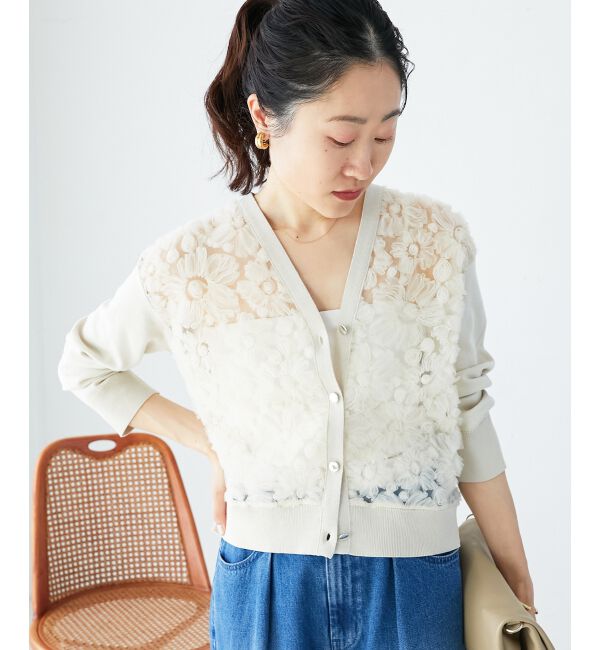  「【長袖】チュール刺繍Vネックカーディガン」|カーディガン|