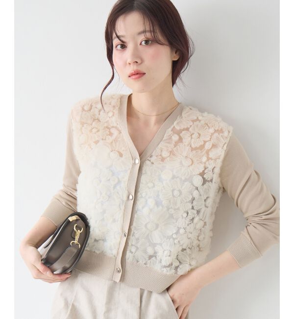  「【長袖】チュール刺繍Vネックカーディガン」|カーディガン|