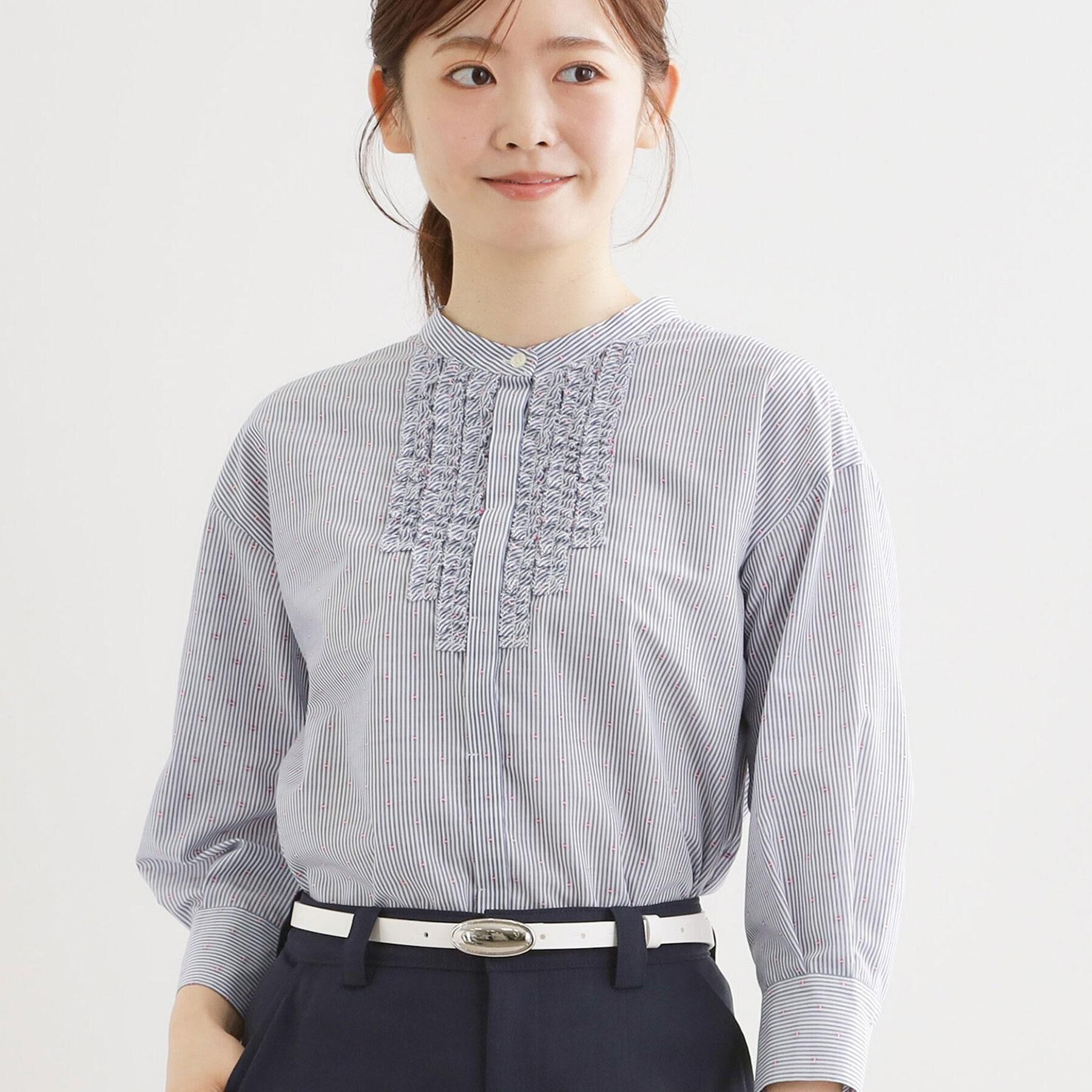 Reflect「【接触冷感】八分袖フロントフリルブラウス」|シャツ・ブラウス|ネイビー(394)