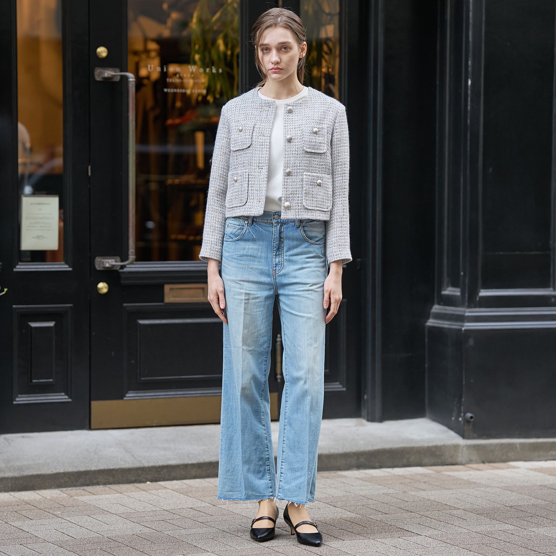 DRESSTERIOR「ラメミックスツイードジャケット」|ノーカラージャケット|