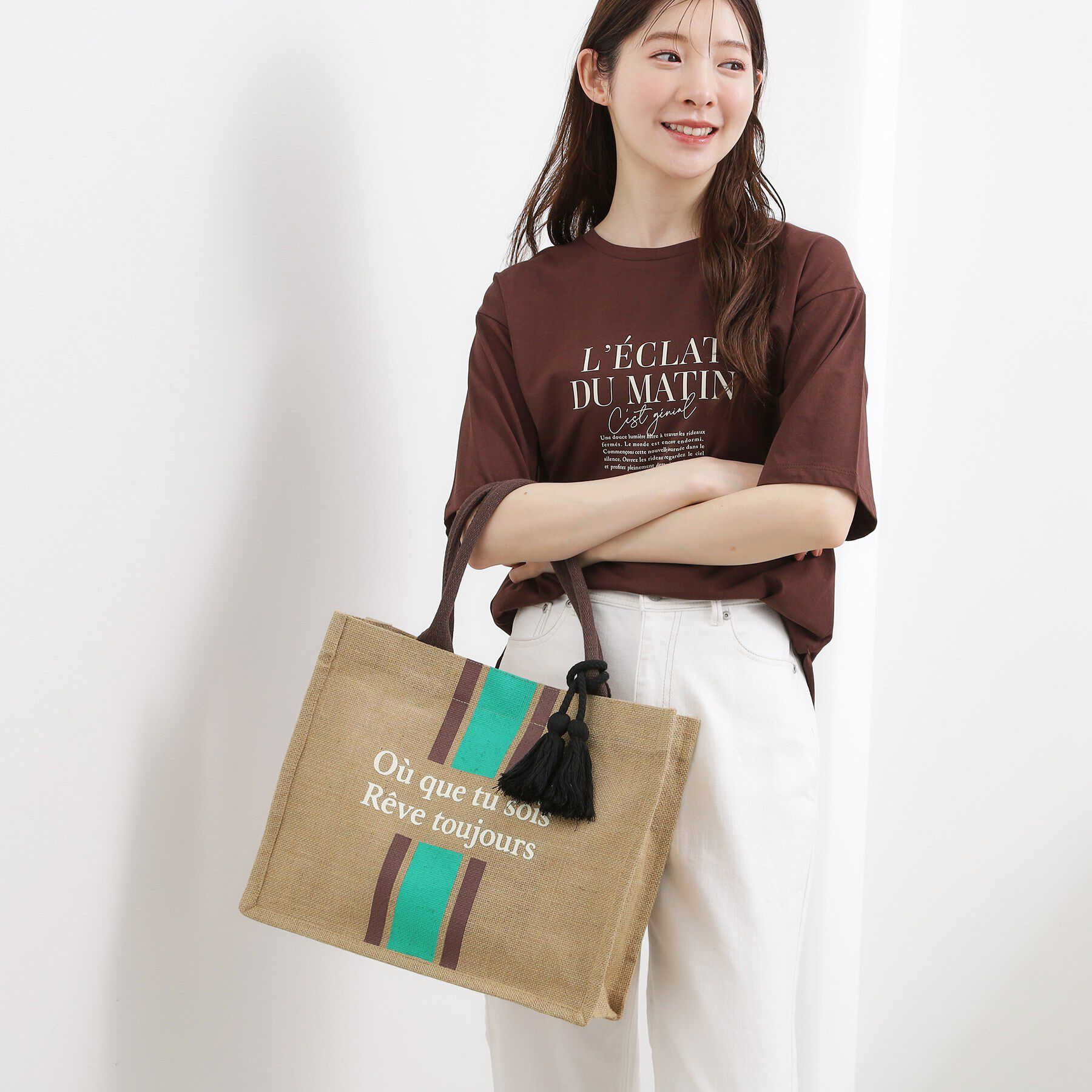 grove「ストライプジュートタッセルA4トート」|トートバッグ|