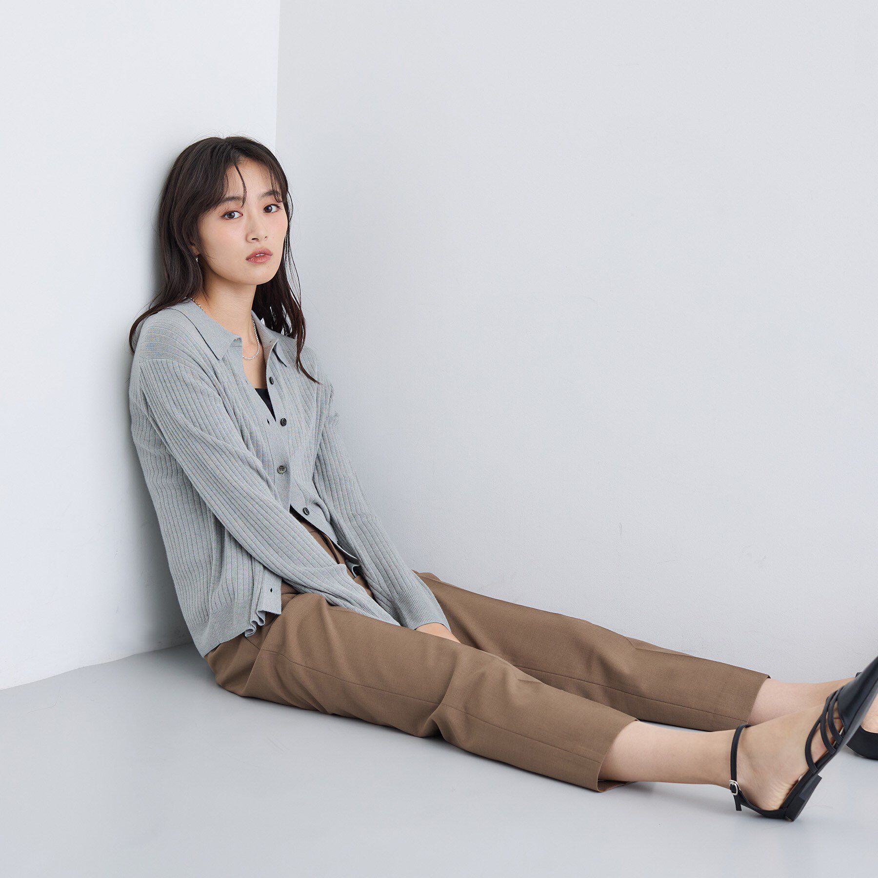 INDIVI「【トレンド】衿付きワイドリブニット」|カーディガン|