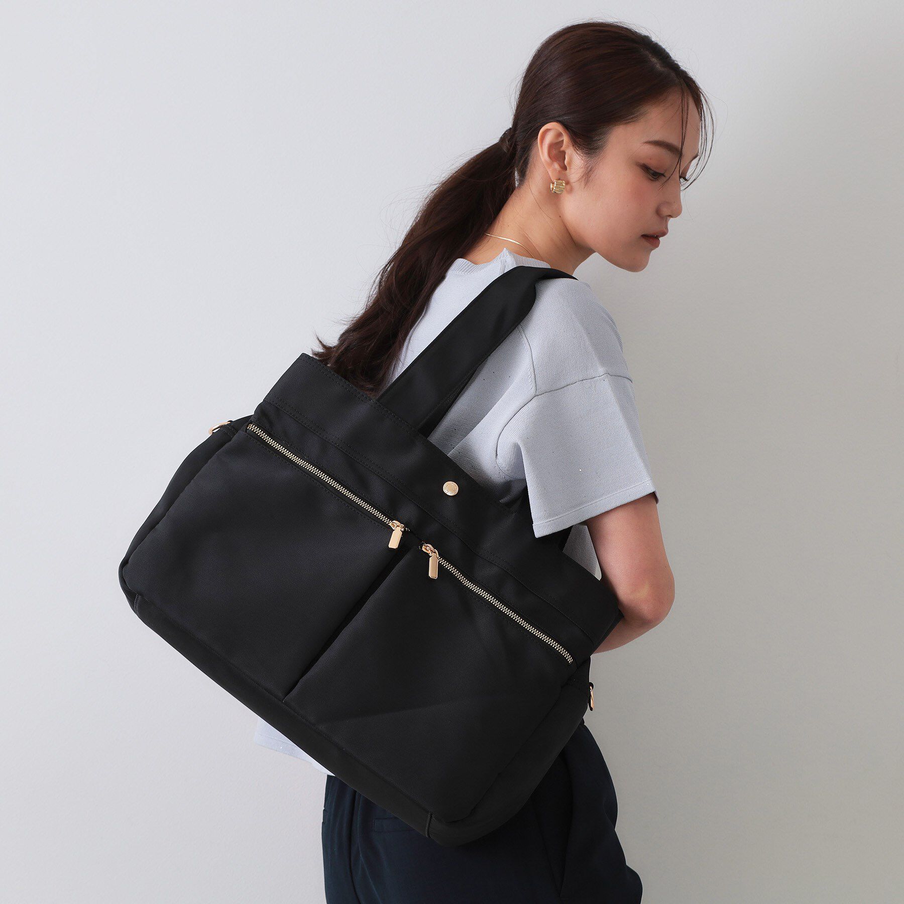 OPAQUE.CLIP「【撥水加工/2WAY/多ポケット】ツイルビッグサイズトートバッグ」|トートバッグ|ブラック(019)