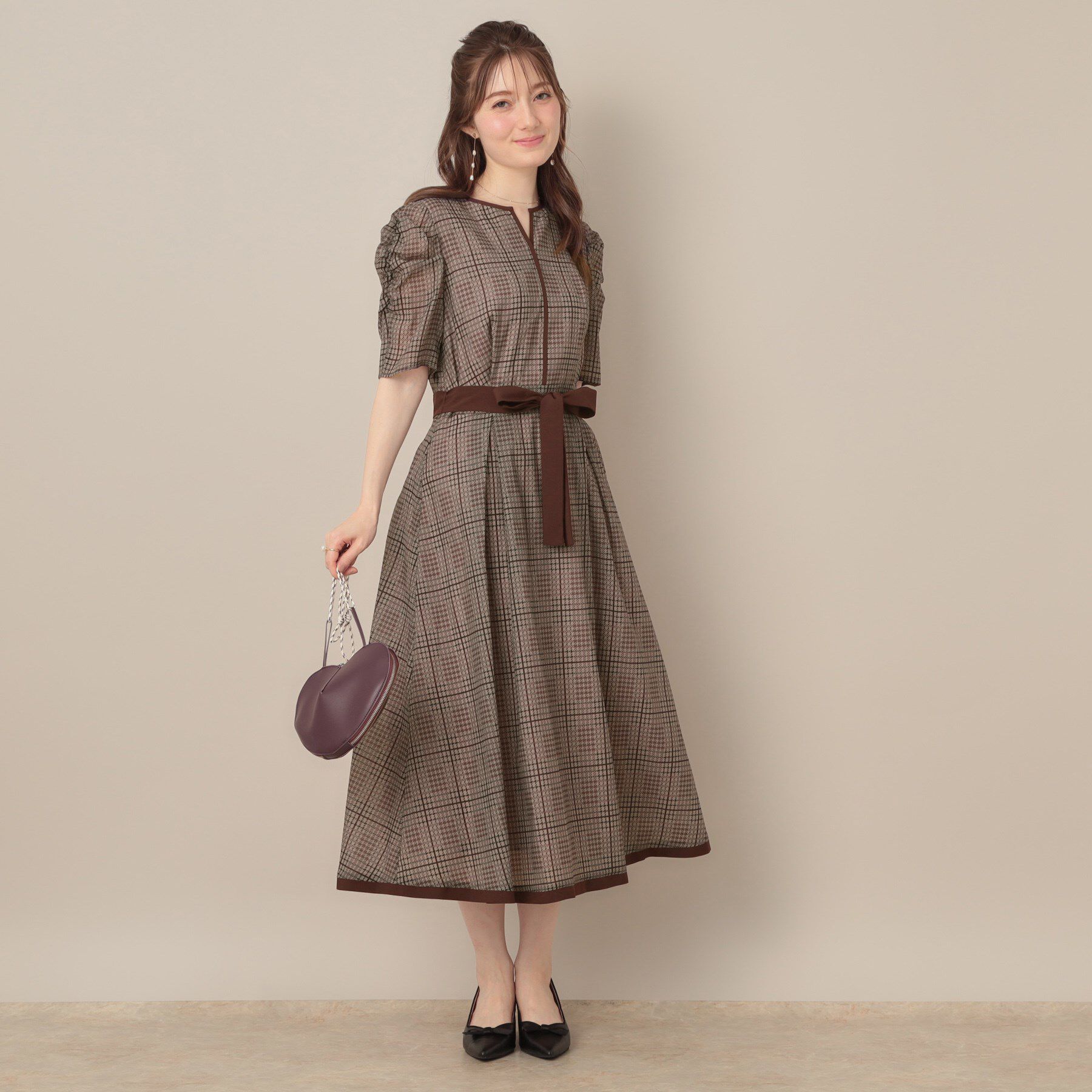 Couture broach「【美シルエット・5分袖】シアーチェックオーガンワンピース」|ワンピース|