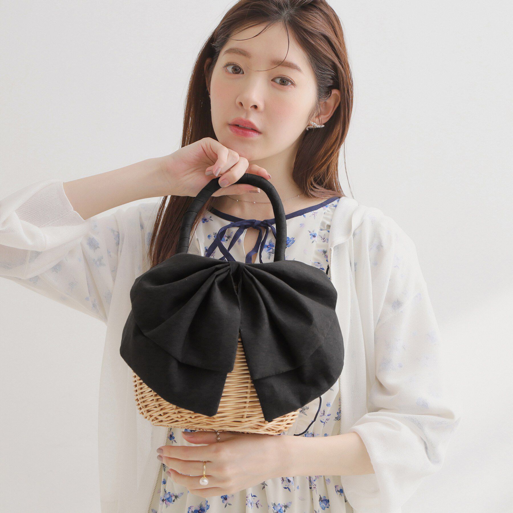 Couture broach「BIGリボン付きラタンバッグ」|ハンドバッグ|ブラック(019)