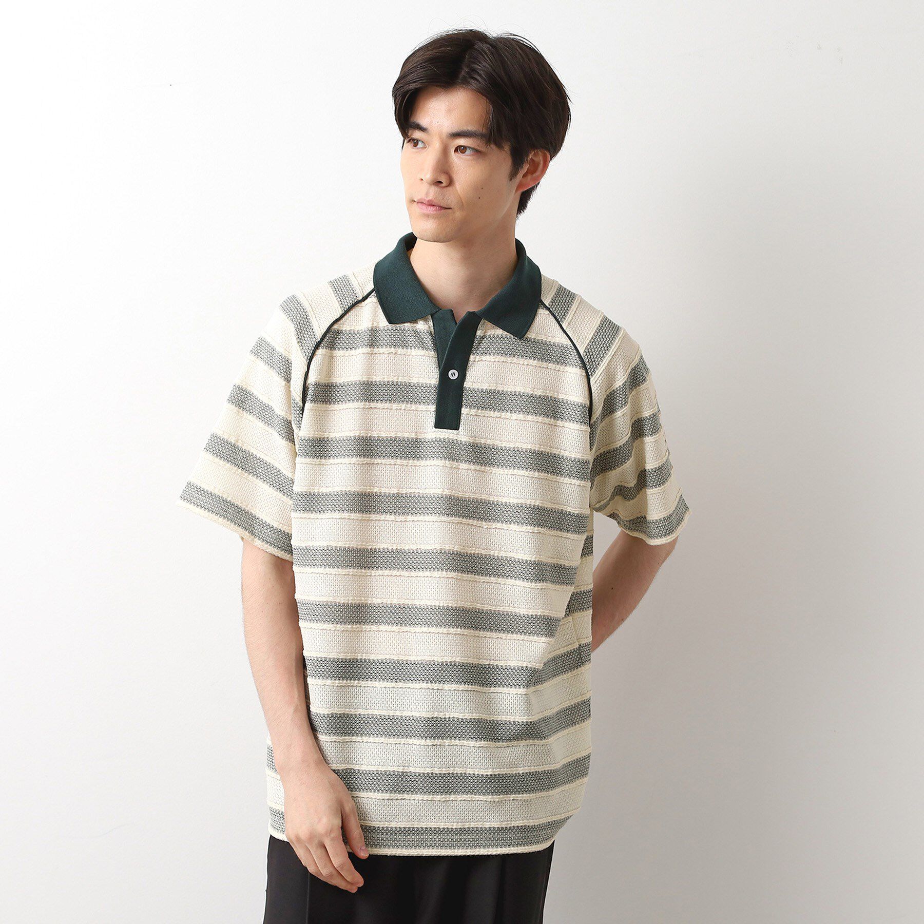 THE SHOP TK「変形ボーダーポロシャツ【洗濯機OK】」|Tシャツ・カットソー|グリーン(324)