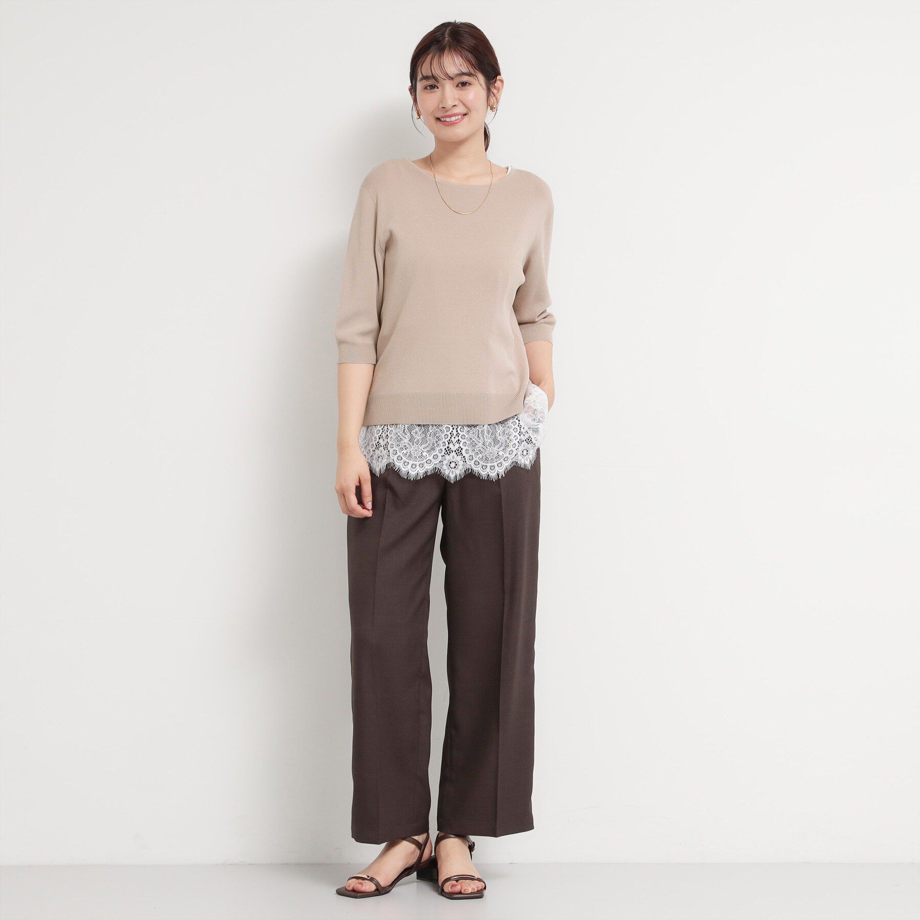 THE SHOP TK「【S-XL/ひんやりタッチ】美しさ際立つ 6分袖ニット 洗濯機OK/UVケア/毛玉になりにくい」|ニット・セーター|