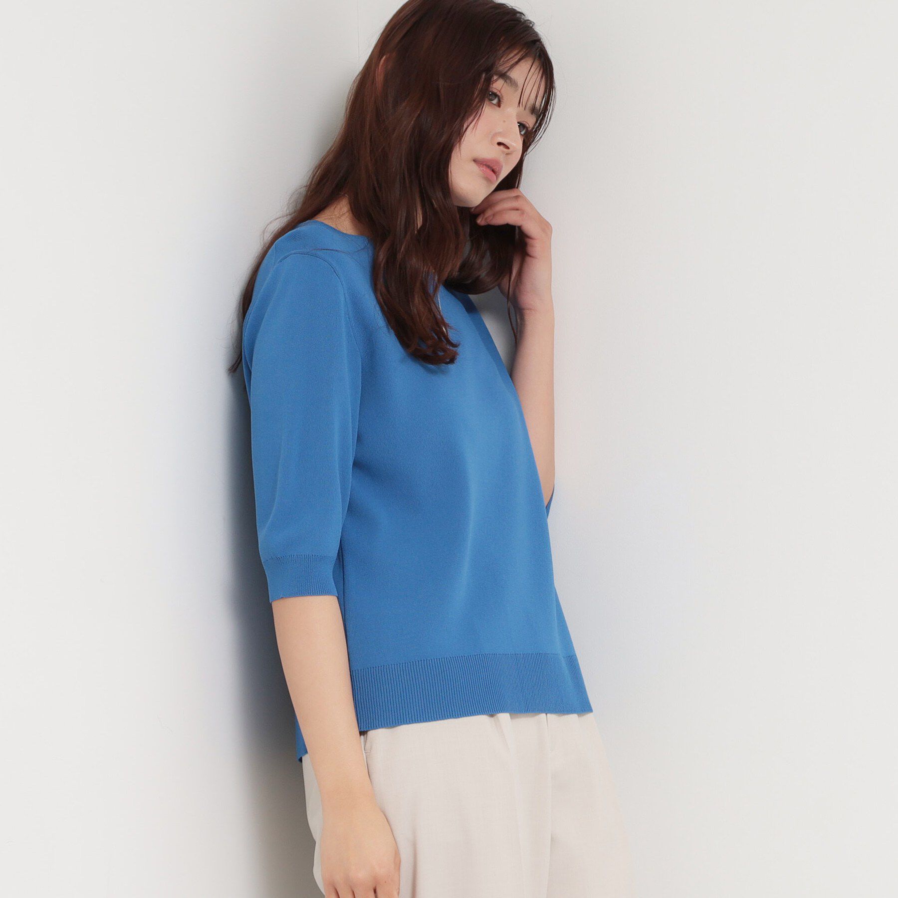 THE SHOP TK「【S-XL/ひんやりタッチ】美しさ際立つ 6分袖ニット 洗濯機OK/UVケア/毛玉になりにくい」|ニット・セーター|