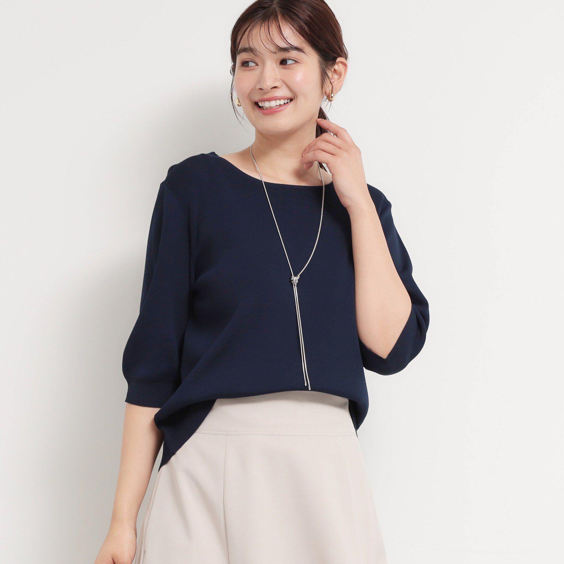 THE SHOP TK「【S-XL/ひんやりタッチ】美しさ際立つ 6分袖ニット 洗濯機OK/UVケア/毛玉になりにくい」|ニット・セーター|