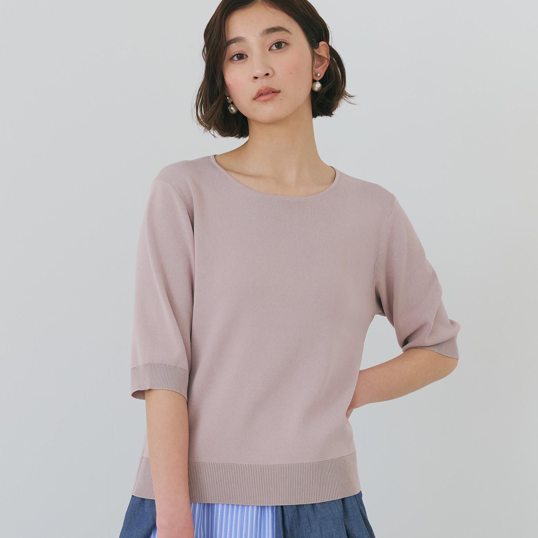 THE SHOP TK「【S-XL/ひんやりタッチ】美しさ際立つ 6分袖ニット 洗濯機OK/UVケア/毛玉になりにくい」|ニット・セーター|ピンクベージュ(05