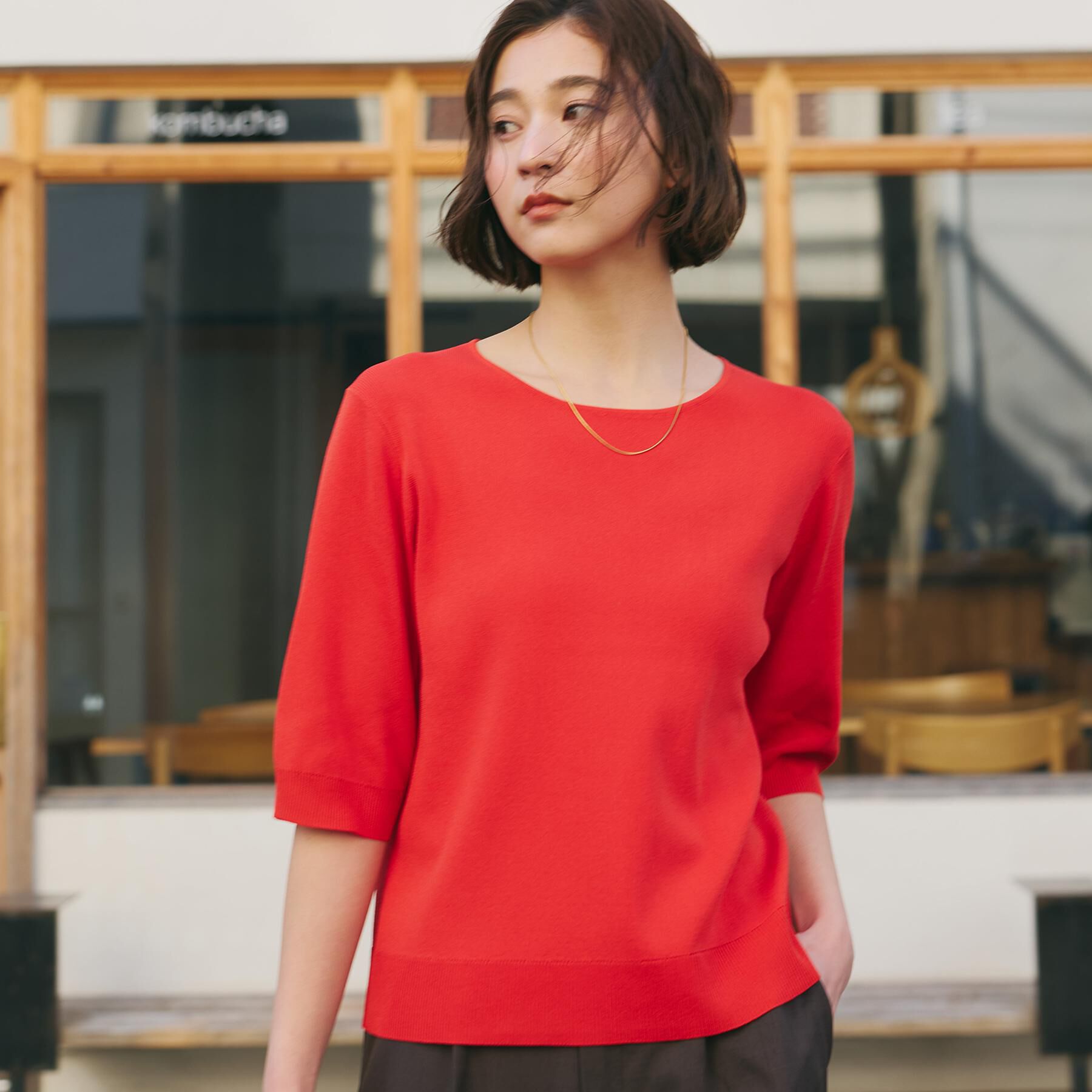 THE SHOP TK「【S-XL/ひんやりタッチ】美しさ際立つ 6分袖ニット 洗濯機OK/UVケア/毛玉になりにくい」|ニット・セーター|レッド(063)