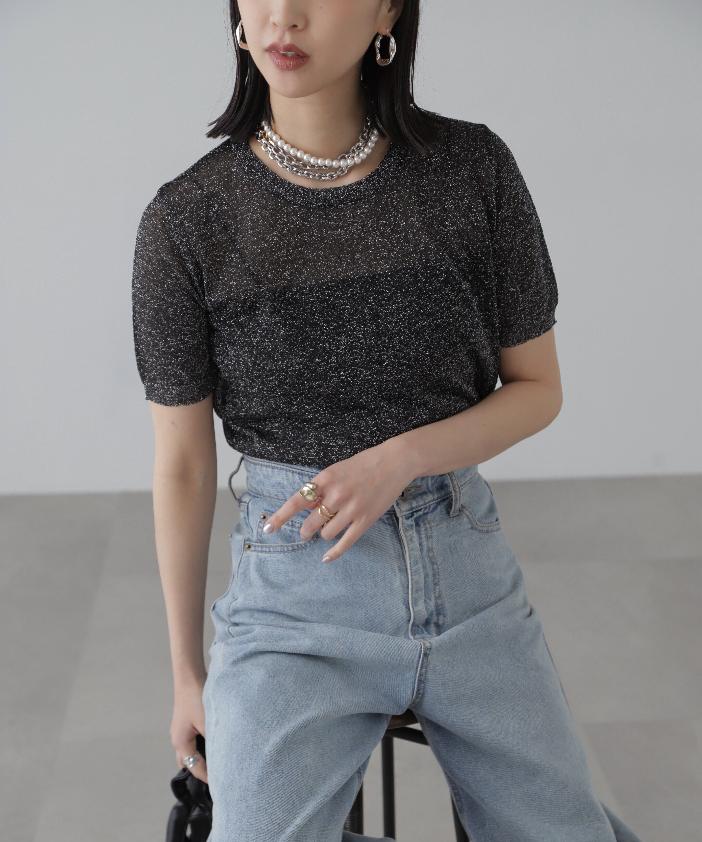  「コンパクトラメシアー半袖ニット」|ニット・セーター|ブラック