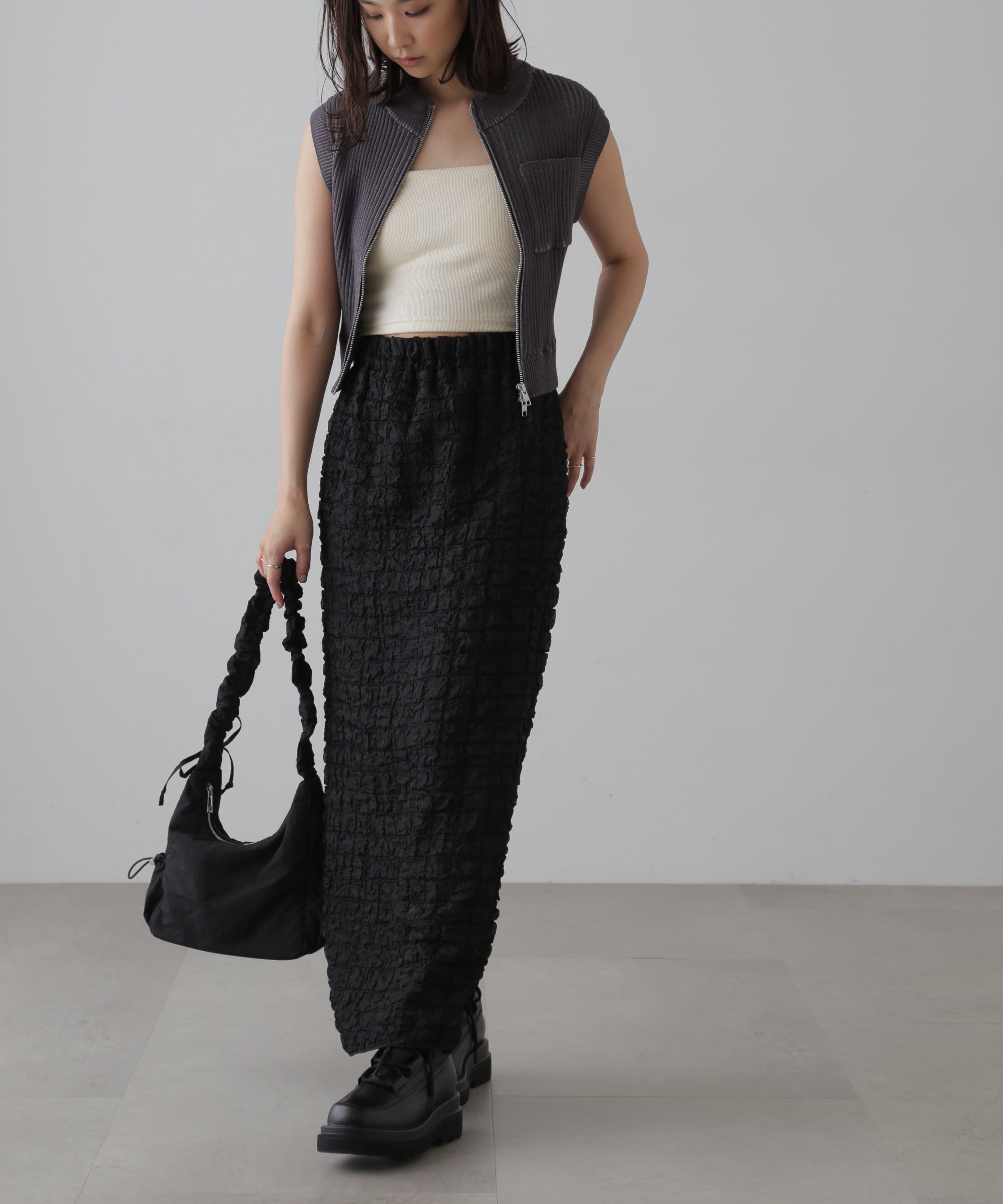  「バイカースタンド配色リブニットベスト」|ニット・セーター|