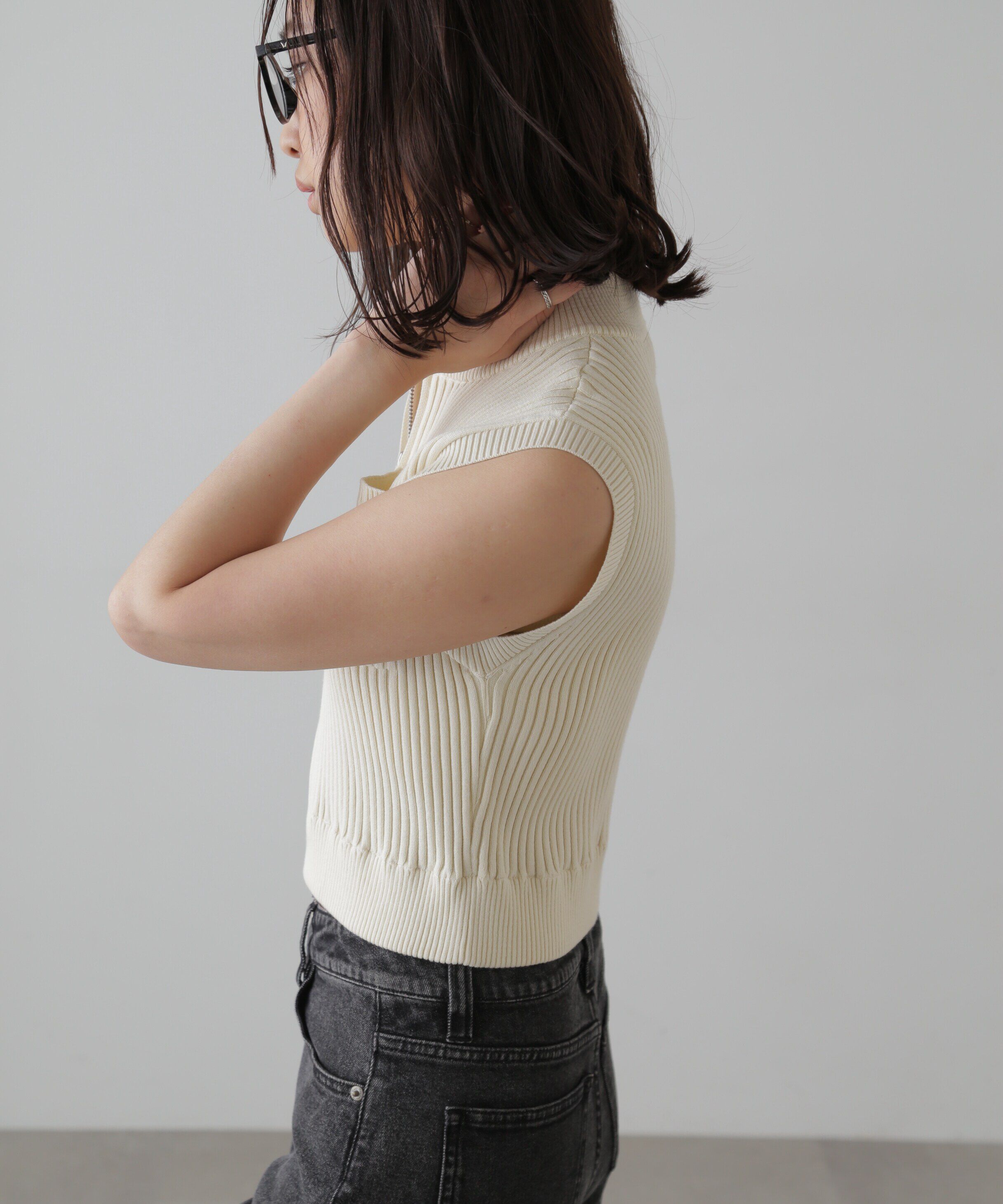  「バイカースタンド配色リブニットベスト」|ニット・セーター|