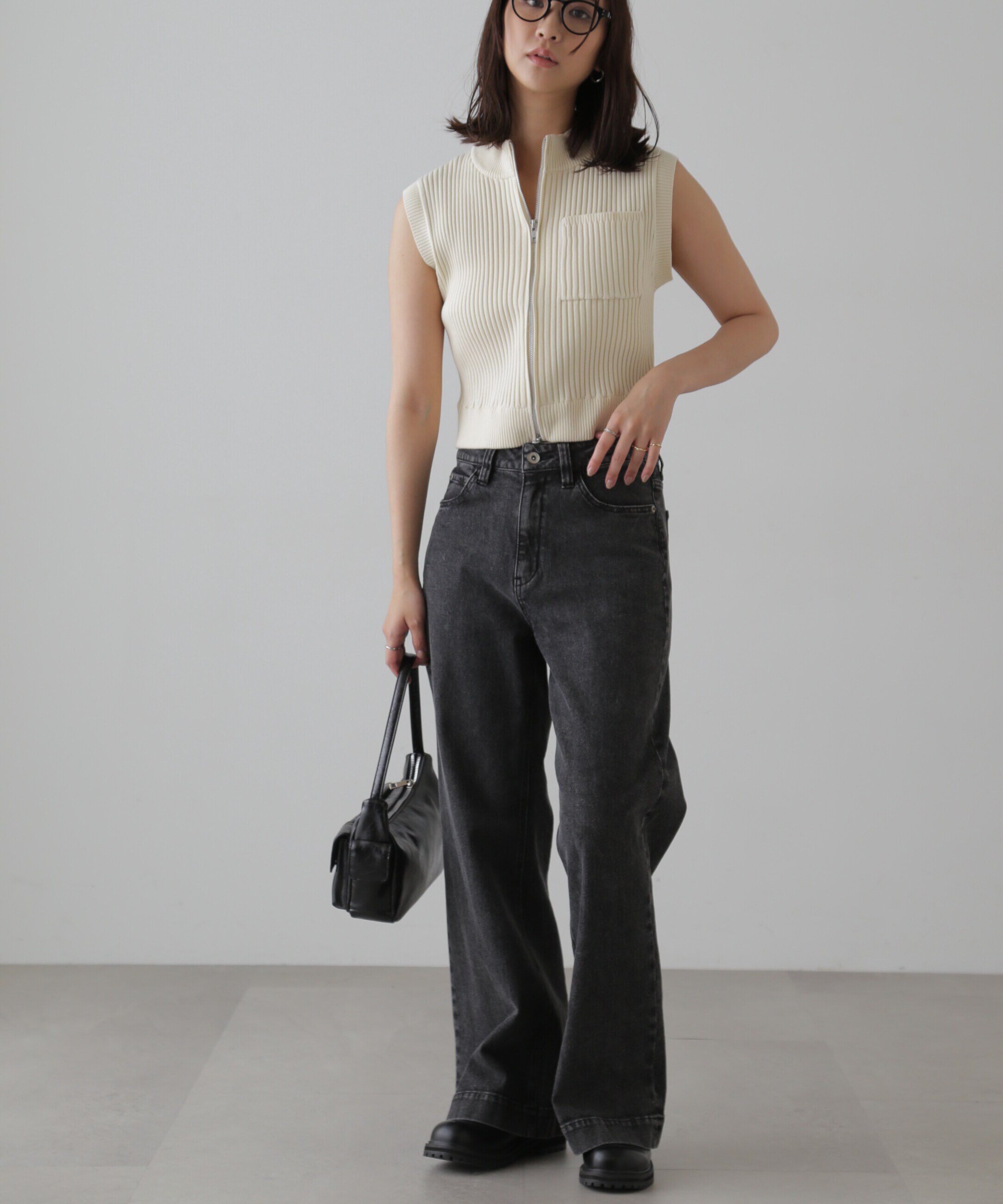  「バイカースタンド配色リブニットベスト」|ニット・セーター|