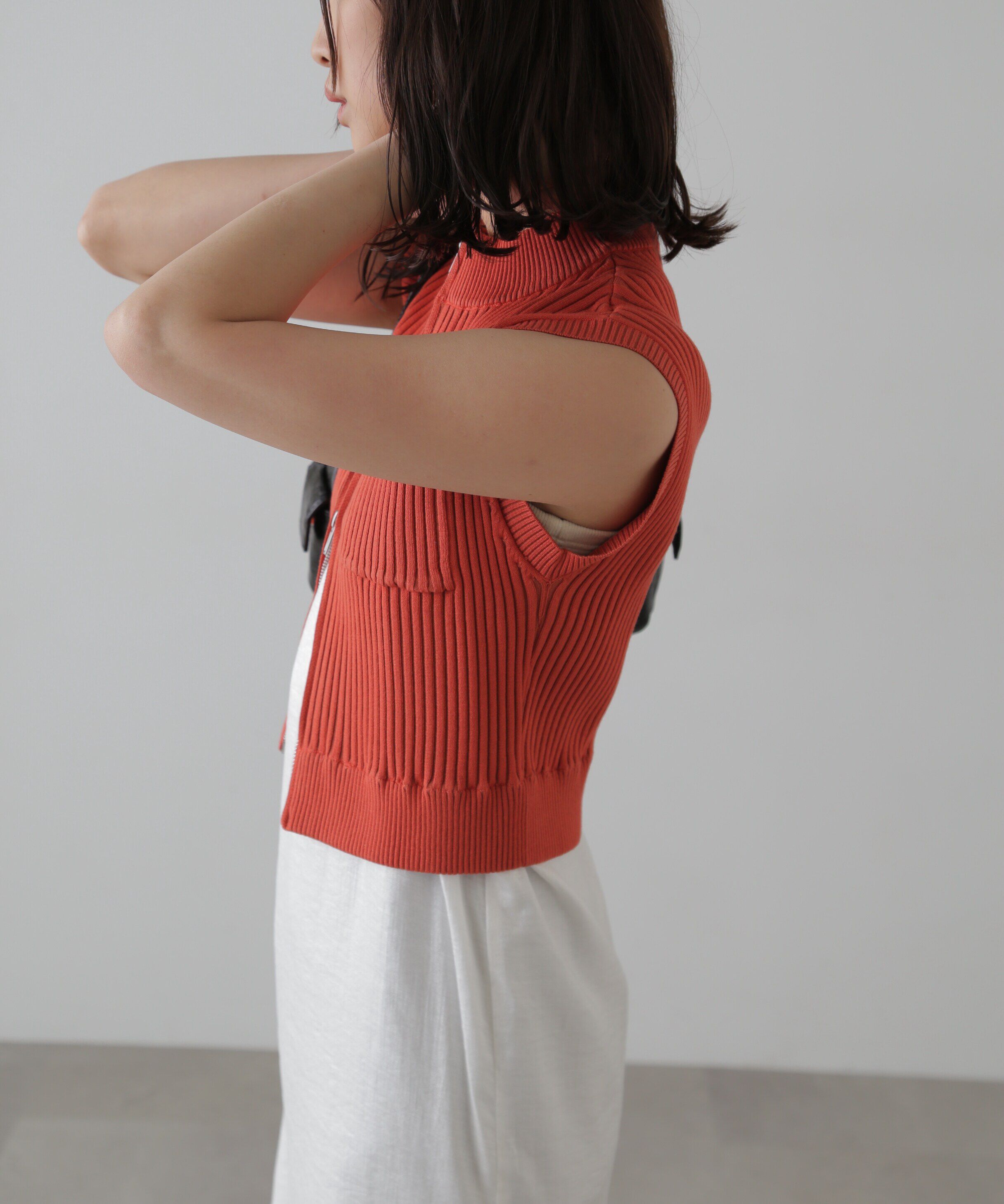  「バイカースタンド配色リブニットベスト」|ニット・セーター|