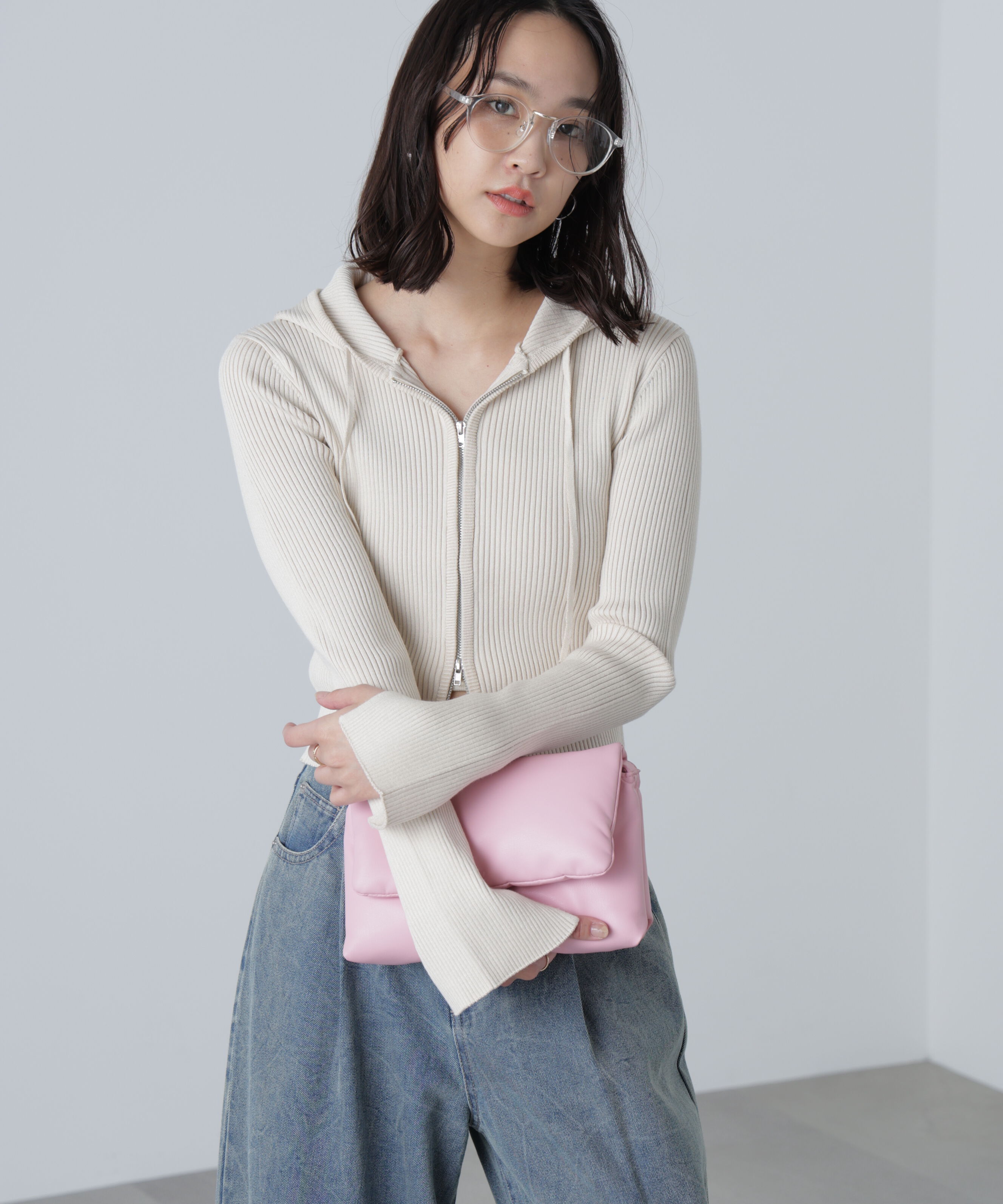  「配色リブショート丈ニットパーカー」|ニット・セーター|