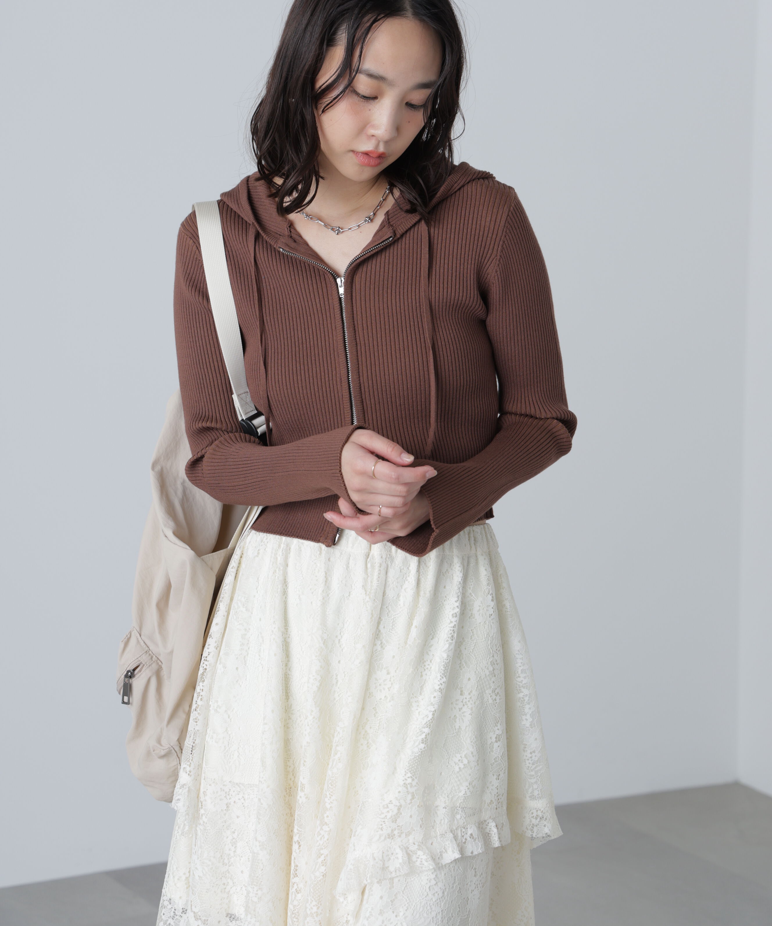  「配色リブショート丈ニットパーカー」|ニット・セーター|