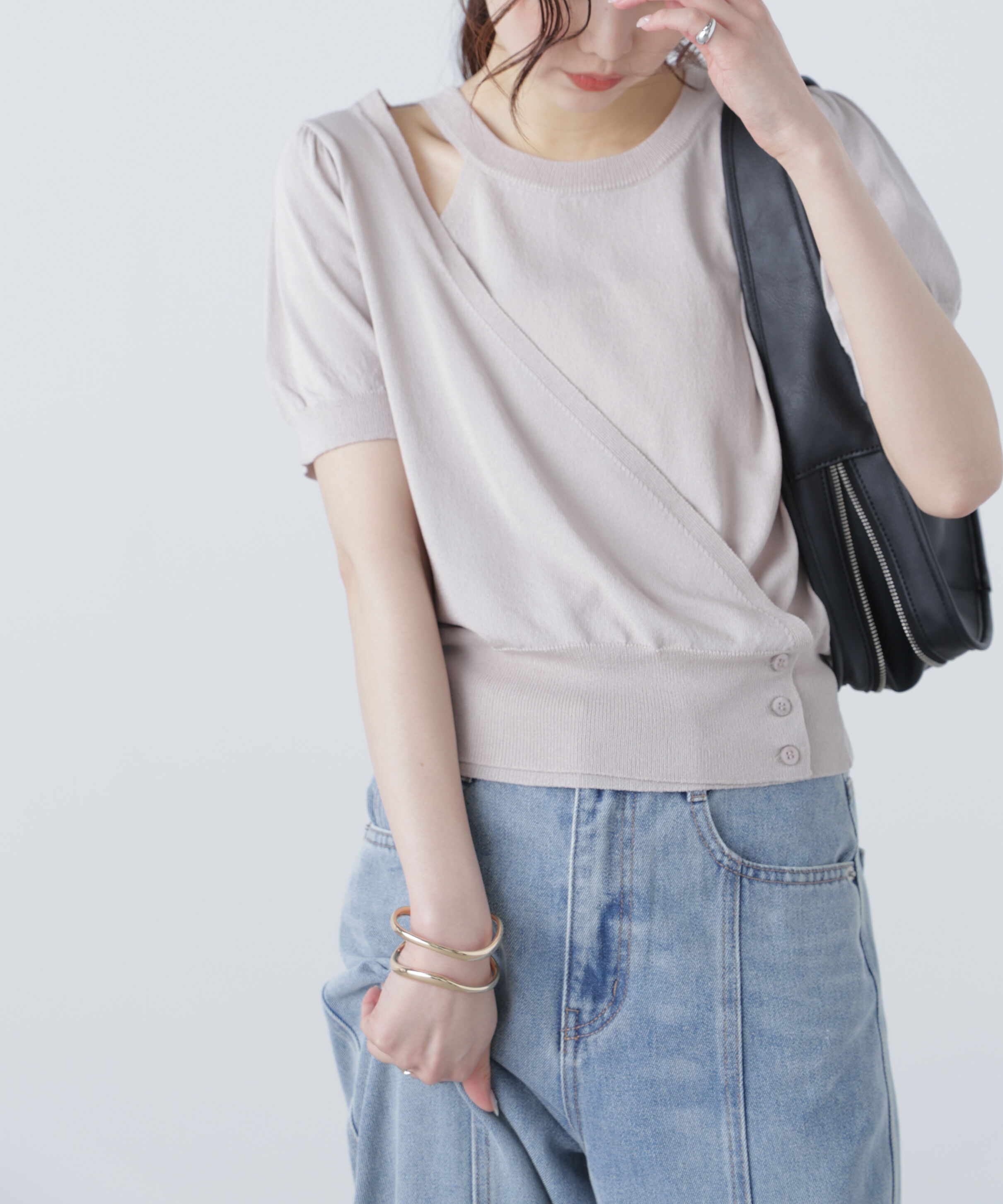  「キャミレイヤードカシュクール半袖ニット」|ニット・セーター|