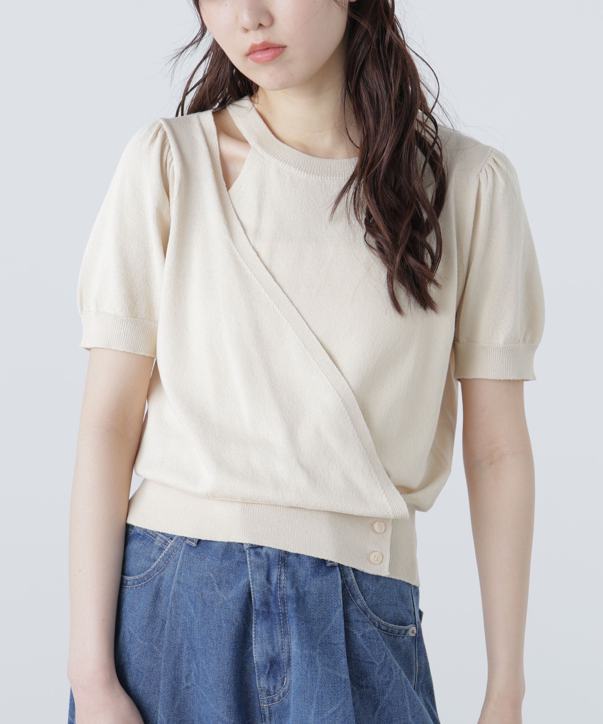  「キャミレイヤードカシュクール半袖ニット」|ニット・セーター|