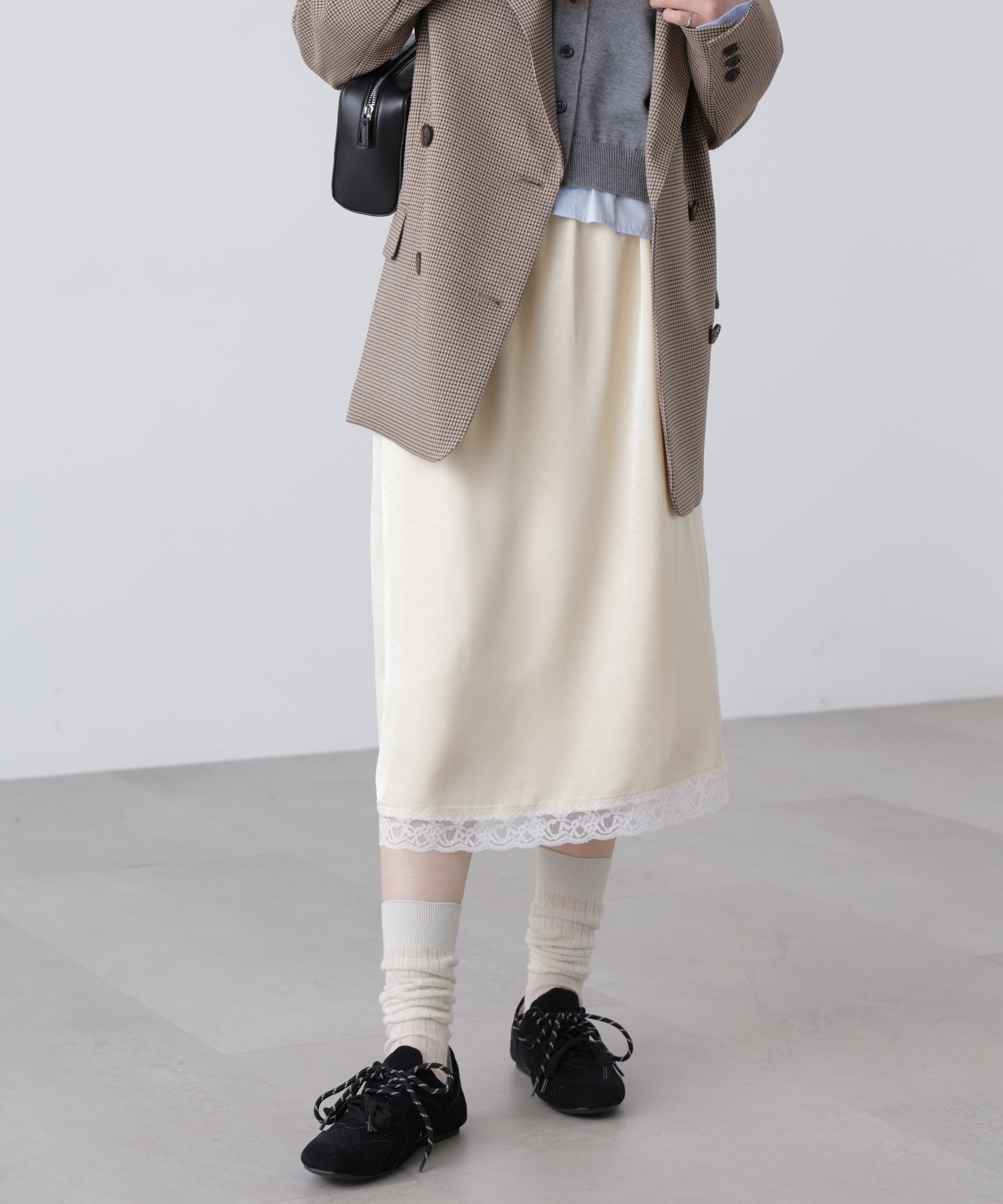  「レーストリムサテンミディスカート」|スカート|イエロー