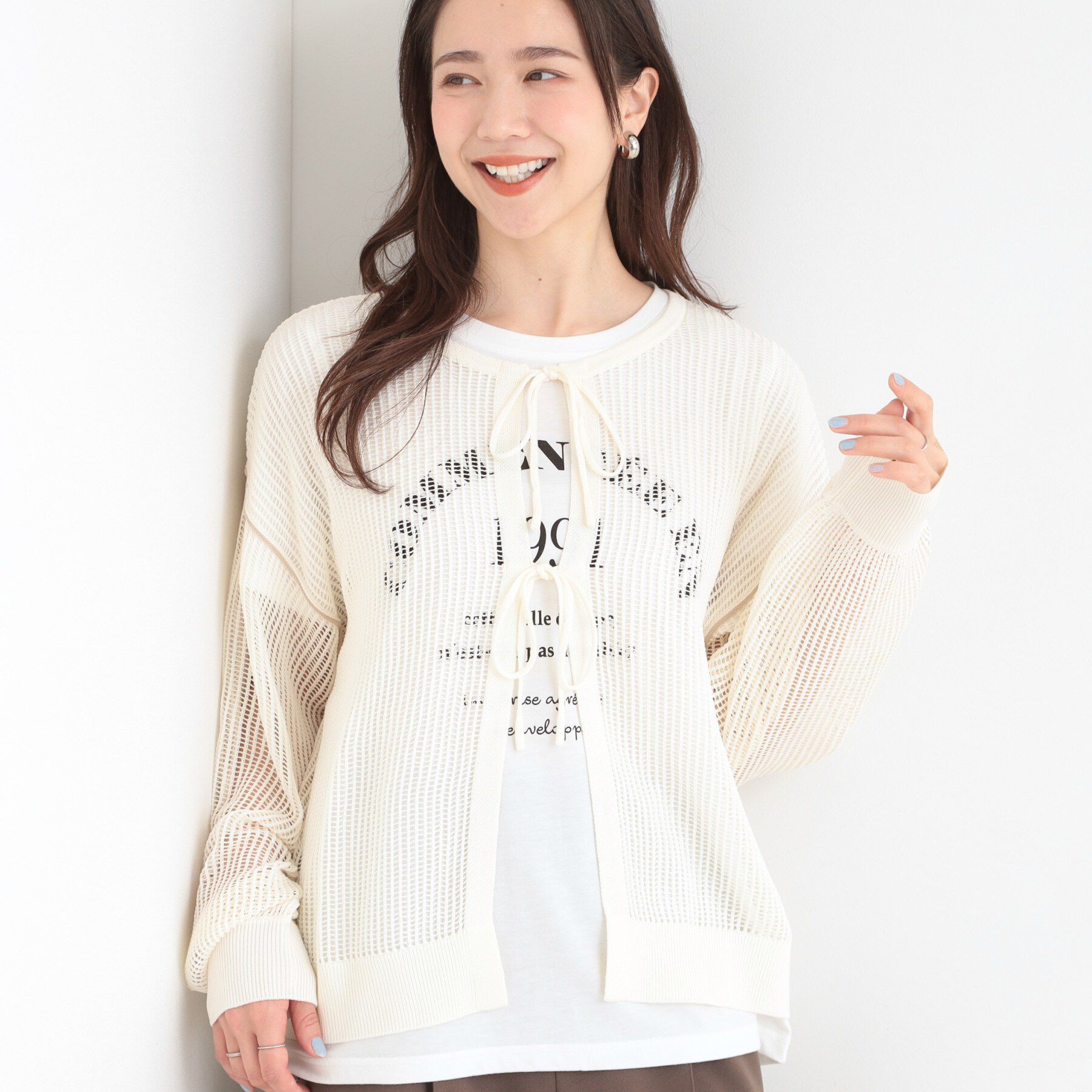 SHOO･LA･RUE「【前後2WAY/2点セット/洗濯機可/S-LL】メッシュリボンニット＆半袖ロゴT」|その他|オフホワイト(003