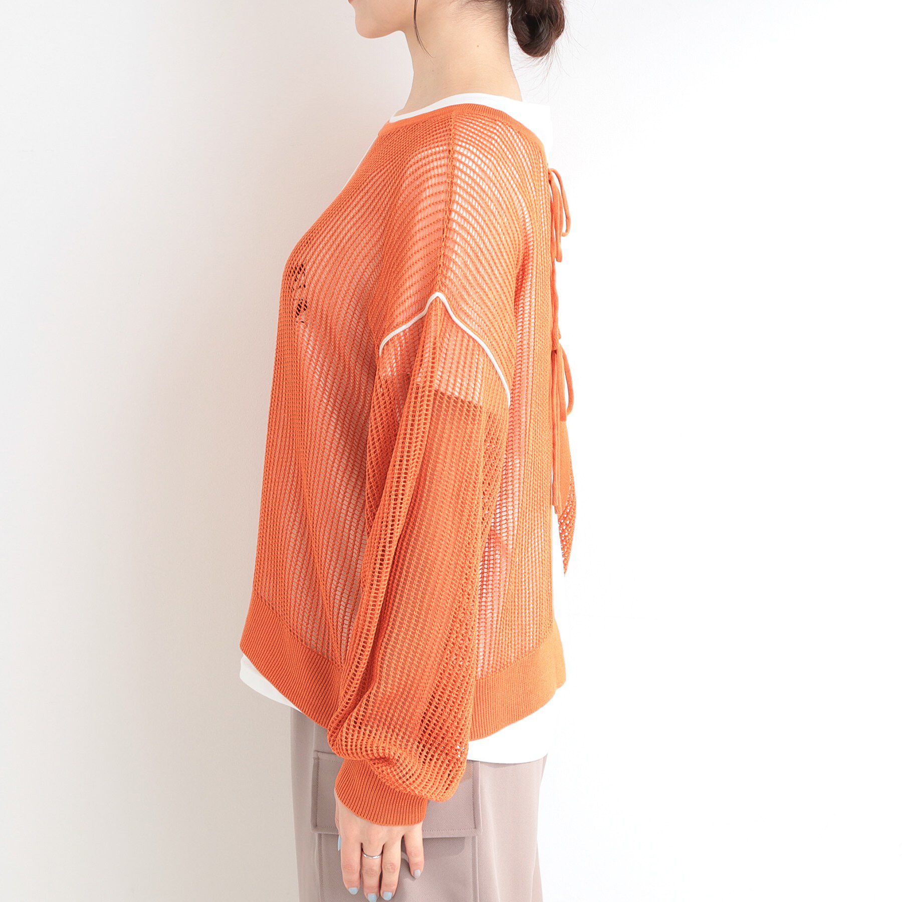 SHOO･LA･RUE「【前後2WAY/2点セット/洗濯機可/S-LL】メッシュリボンニット＆半袖ロゴT」|その他|