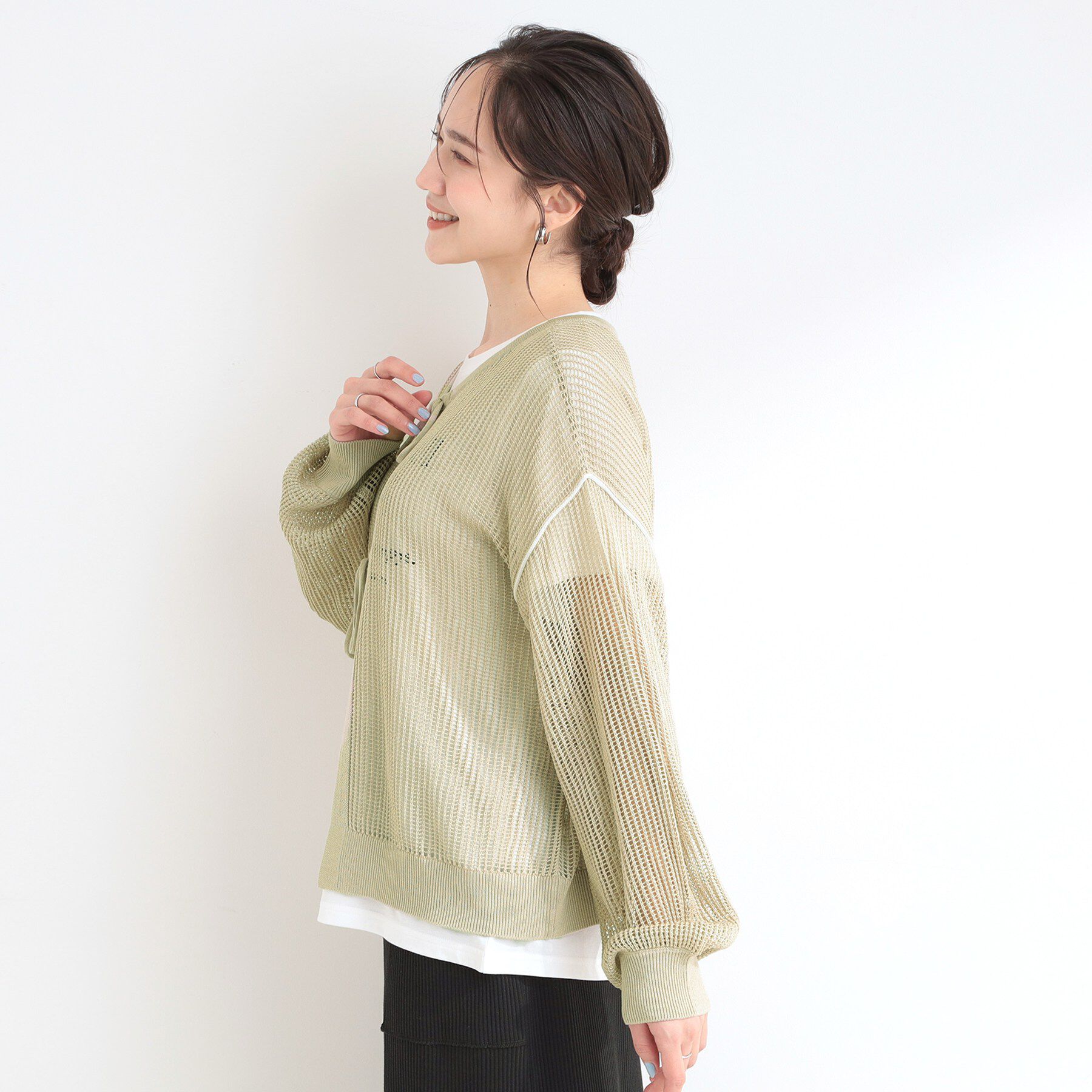 SHOO･LA･RUE「【前後2WAY/2点セット/洗濯機可/S-LL】メッシュリボンニット＆半袖ロゴT」|その他|