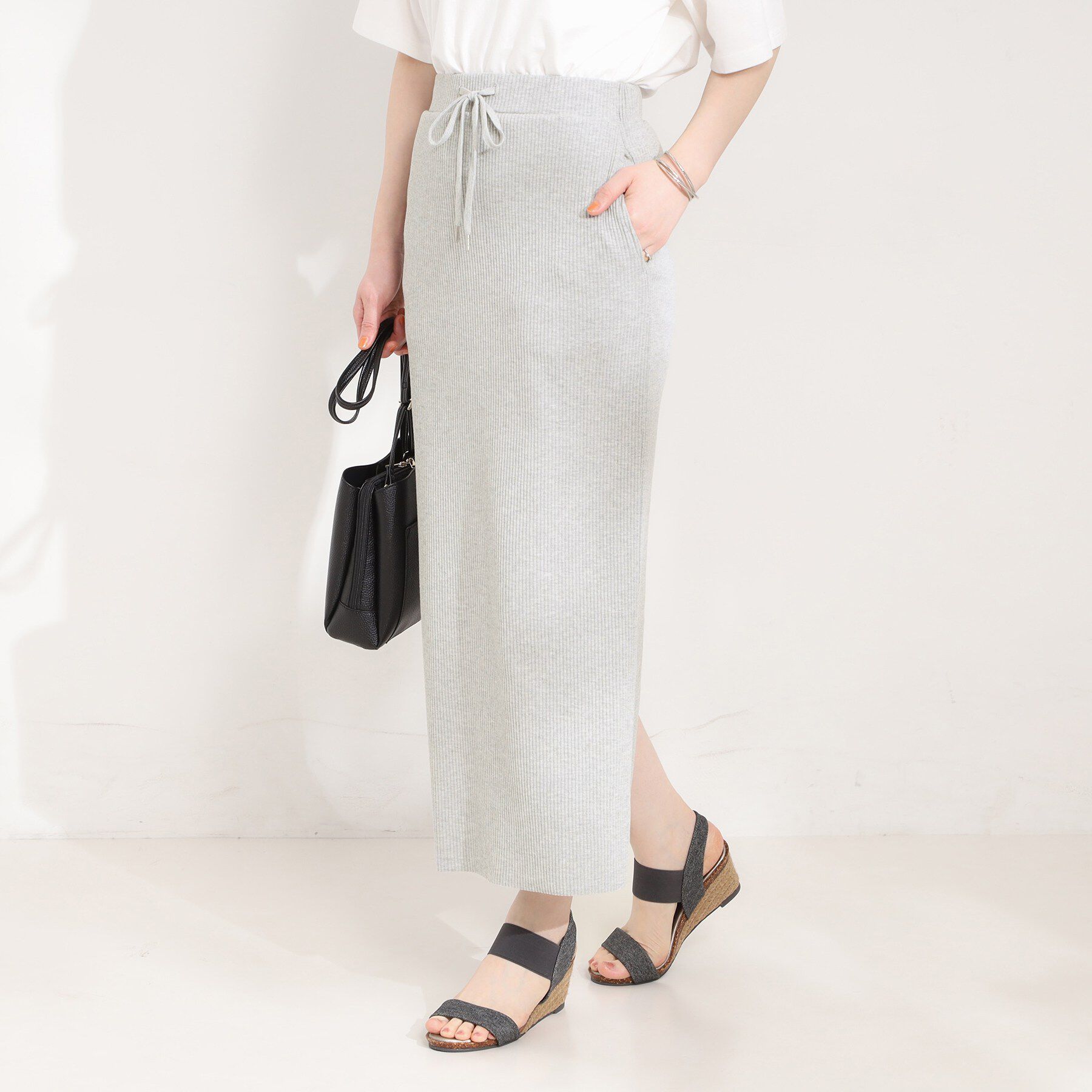 SHOO･LA･RUE「【セルフカット可能/洗濯機可/S-LL】テレコナロースカート」|スカート|グレー(012)