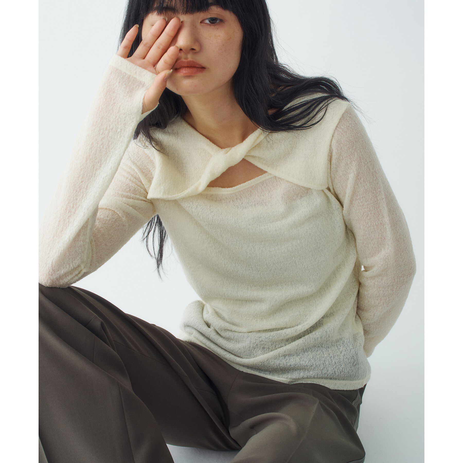 CODE A「twist sheer jersey top」|Tシャツ・カットソー|オフホワイト(003
