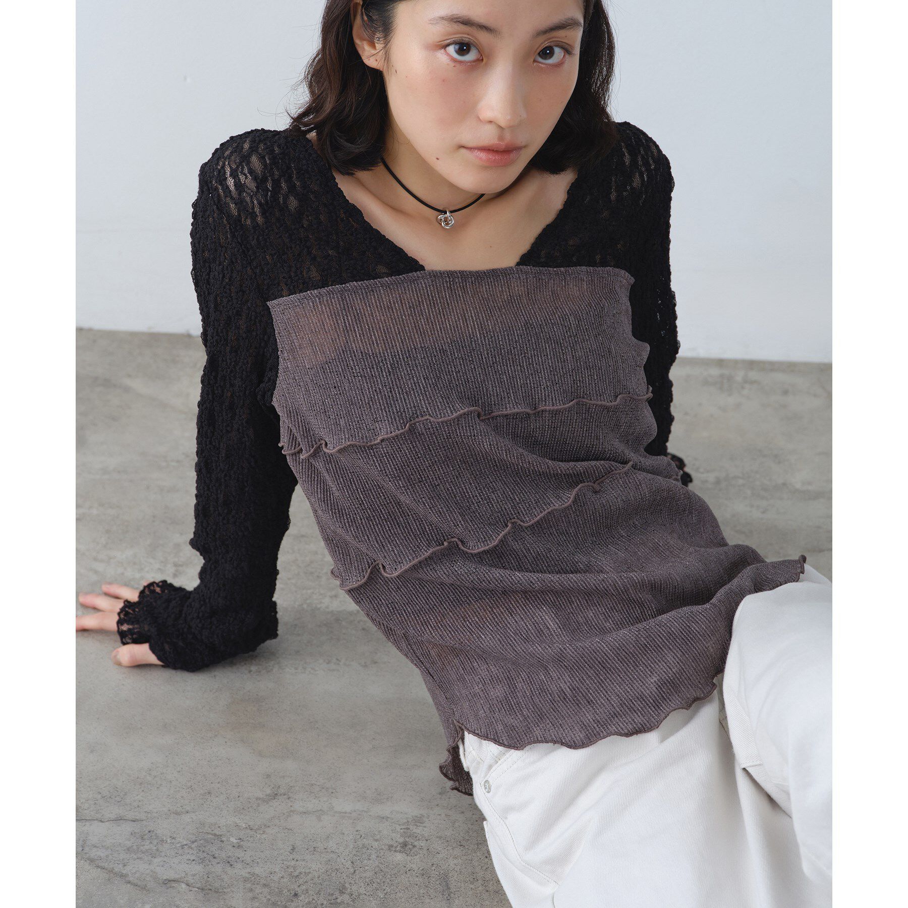 CODE A「【Re】sensual lace sheer top」|Tシャツ・カットソー|グレー(012)