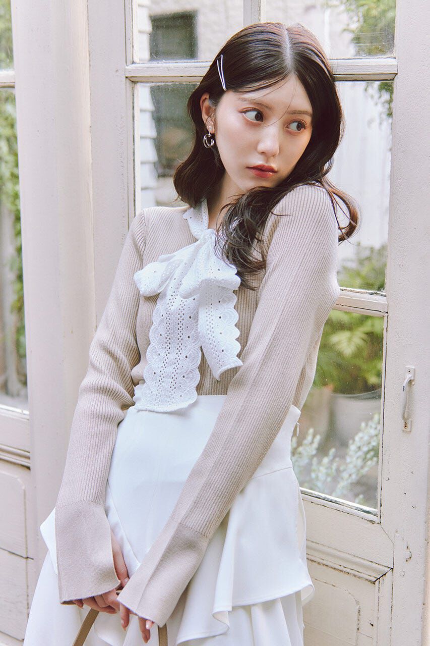 rienda「コットンレースリボンニットトップス」|ニット・セーター|BEG
