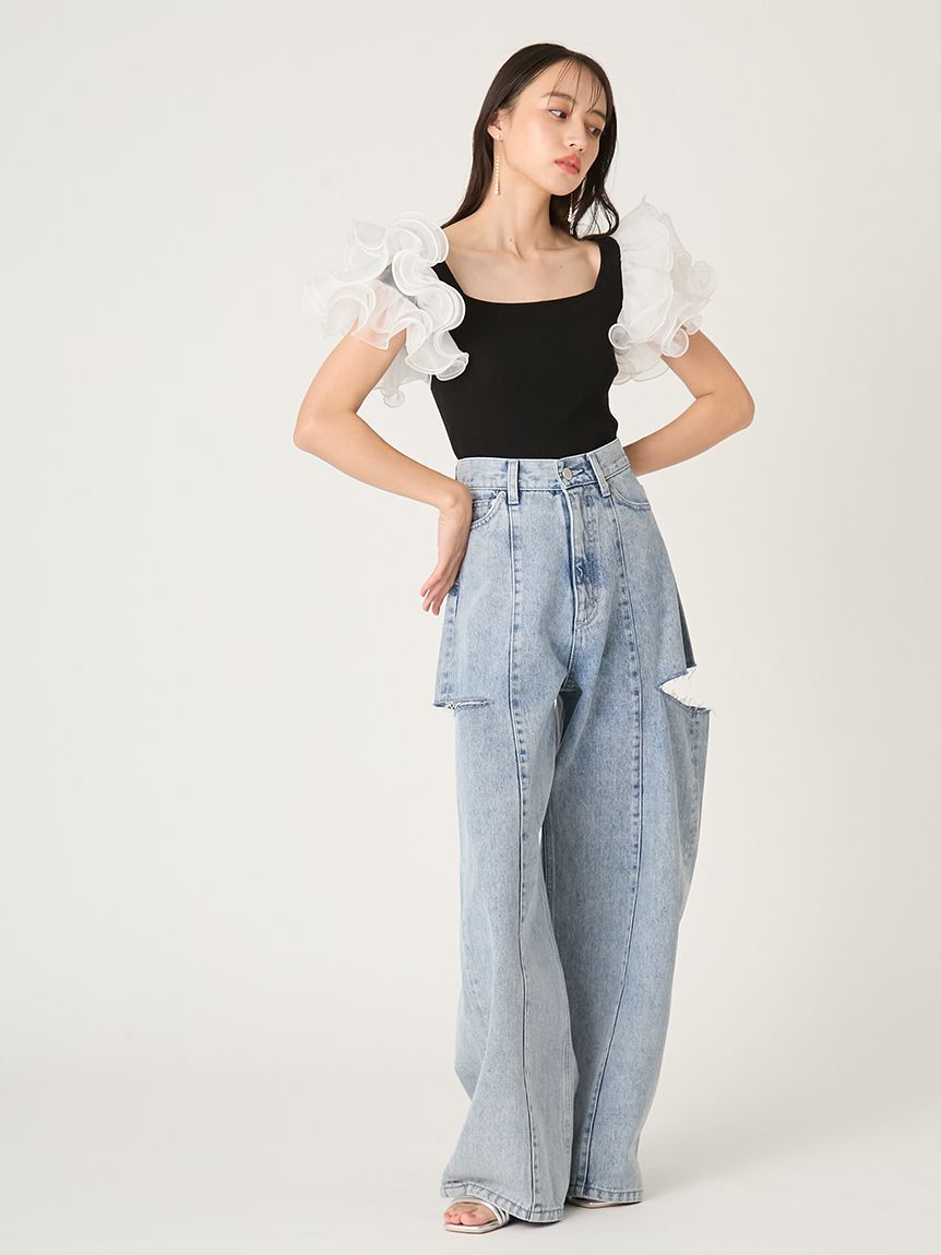 FRAY I.D「【00サイズあり】カットアウトバレルデニムパンツ」|デニム|