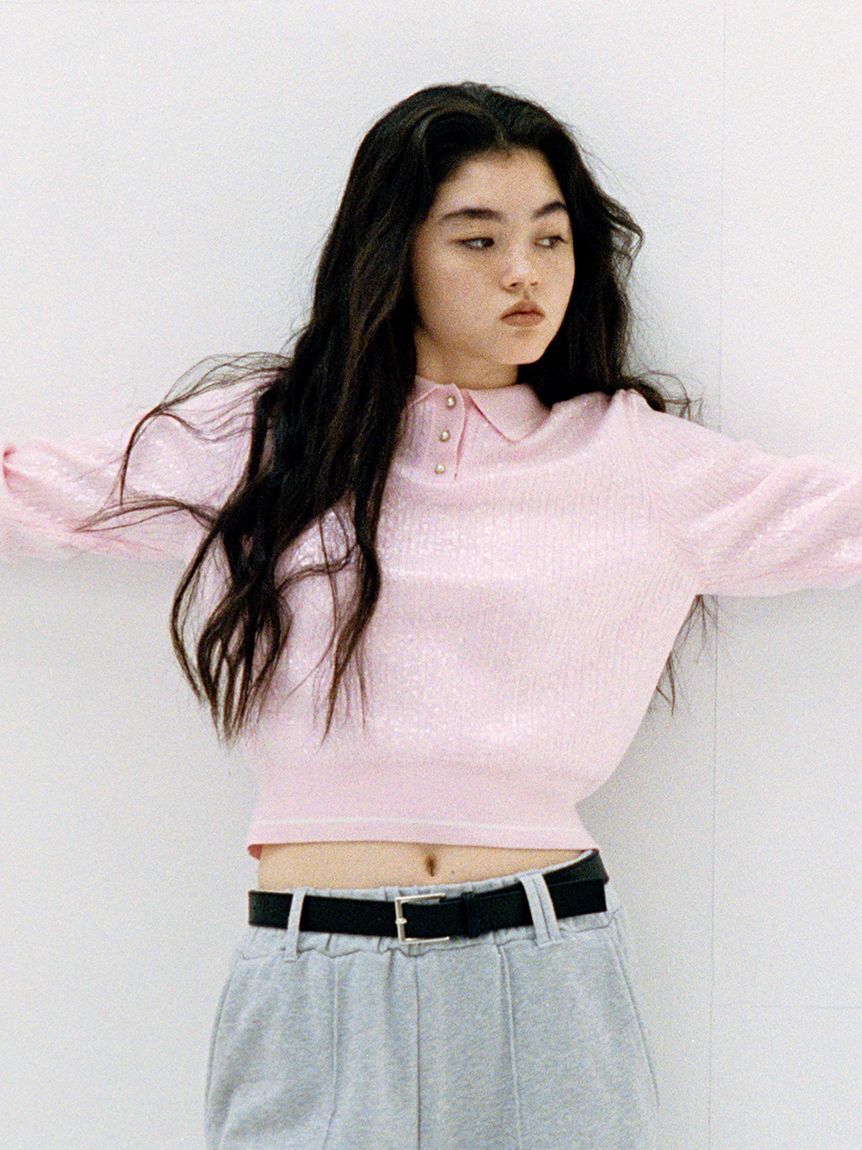 LILY BROWN「[L.B CANDY STOCK]襟付きスパンコールニットトップス」|カーディガン|PNK