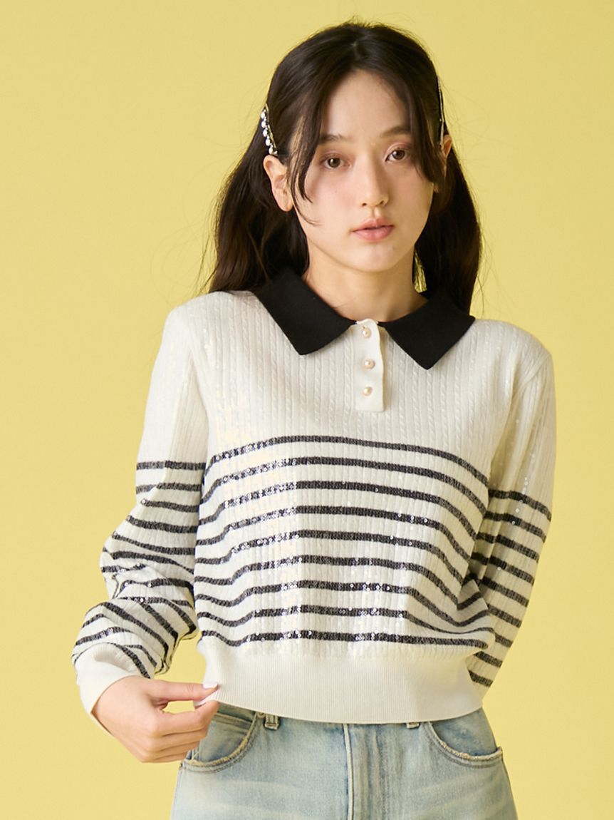 LILY BROWN「[L.B CANDY STOCK]襟付きスパンコールニットトップス」|カーディガン|BORDER