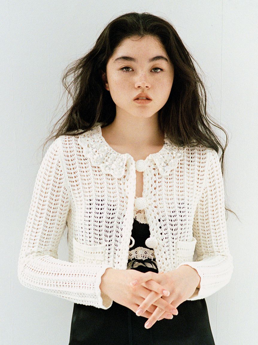 LILY BROWN「[L.B CANDY STOCK]クロシェ編みビジューニットカーディガン」|カーディガン|WHT