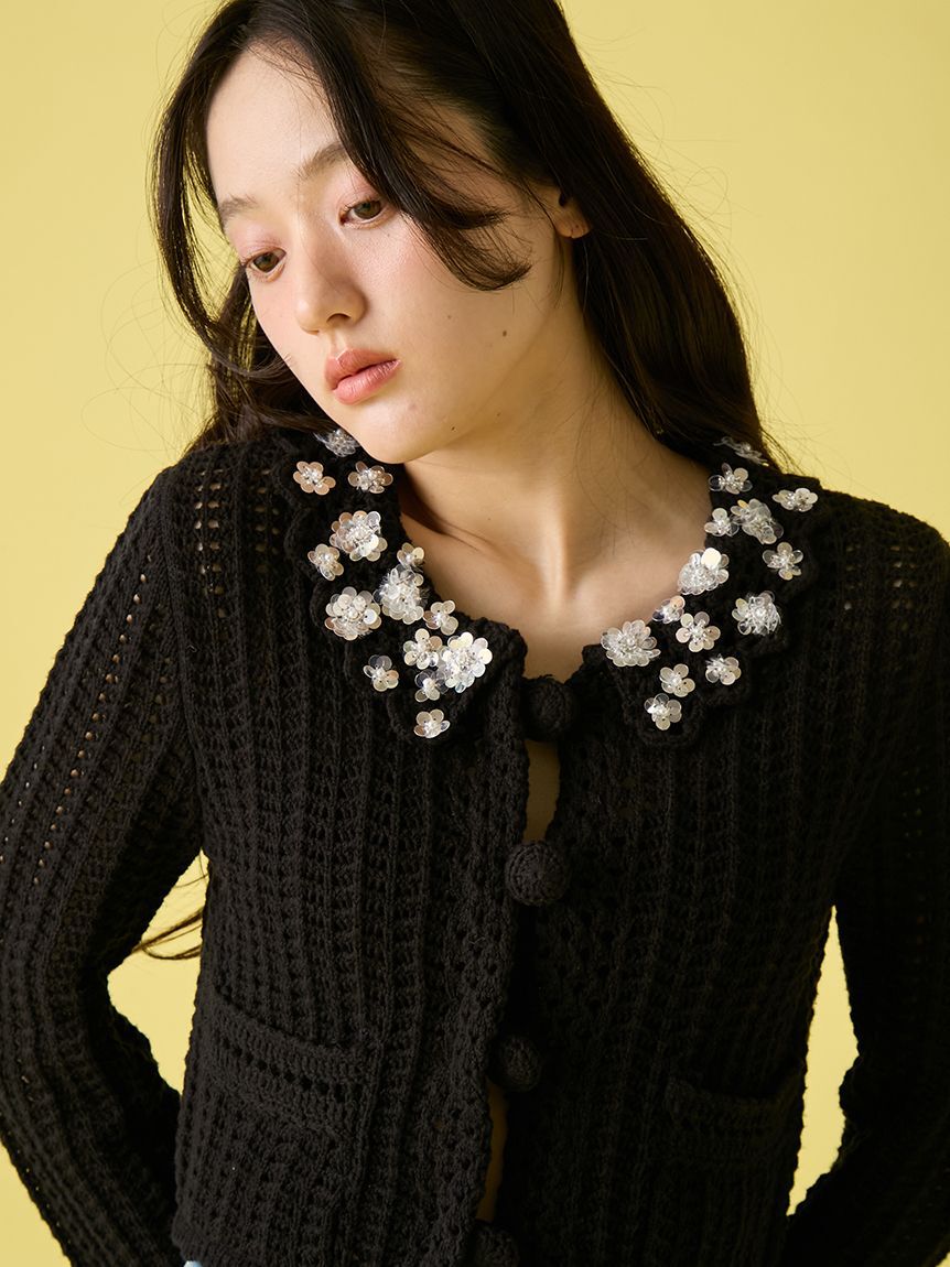 LILY BROWN「[L.B CANDY STOCK]クロシェ編みビジューニットカーディガン」|カーディガン|