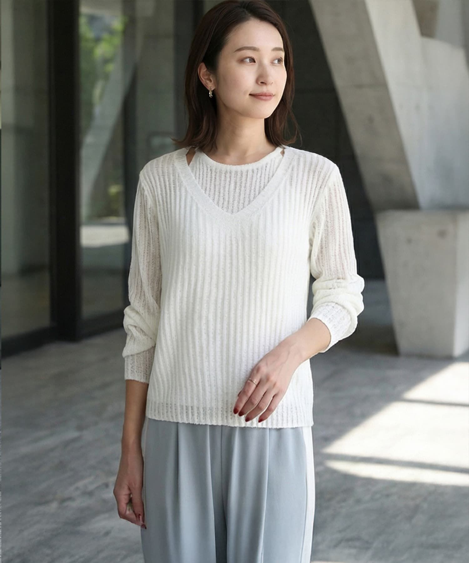 STYLE DELI「レイヤード風Vネックシアーニットトップス」|ニット・セーター|アイボリー