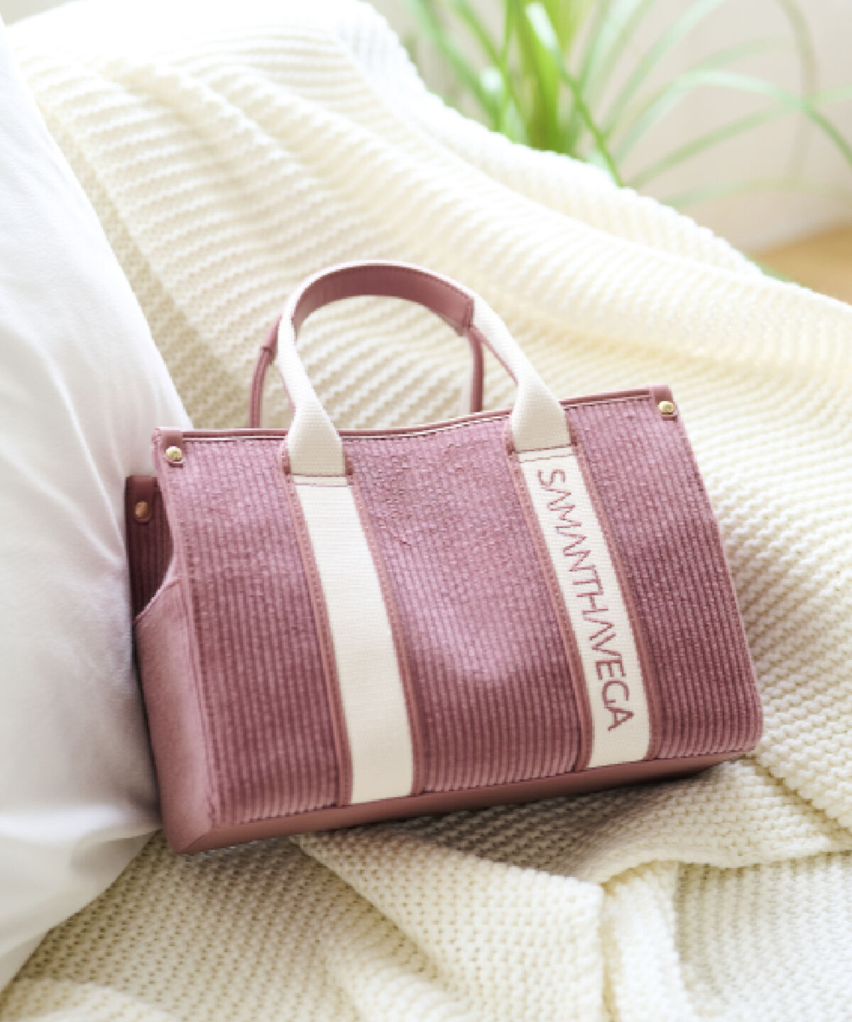 Samantha Vega「ロゴテープコーデュロイトート（小）」|ハンドバッグ|ピンク