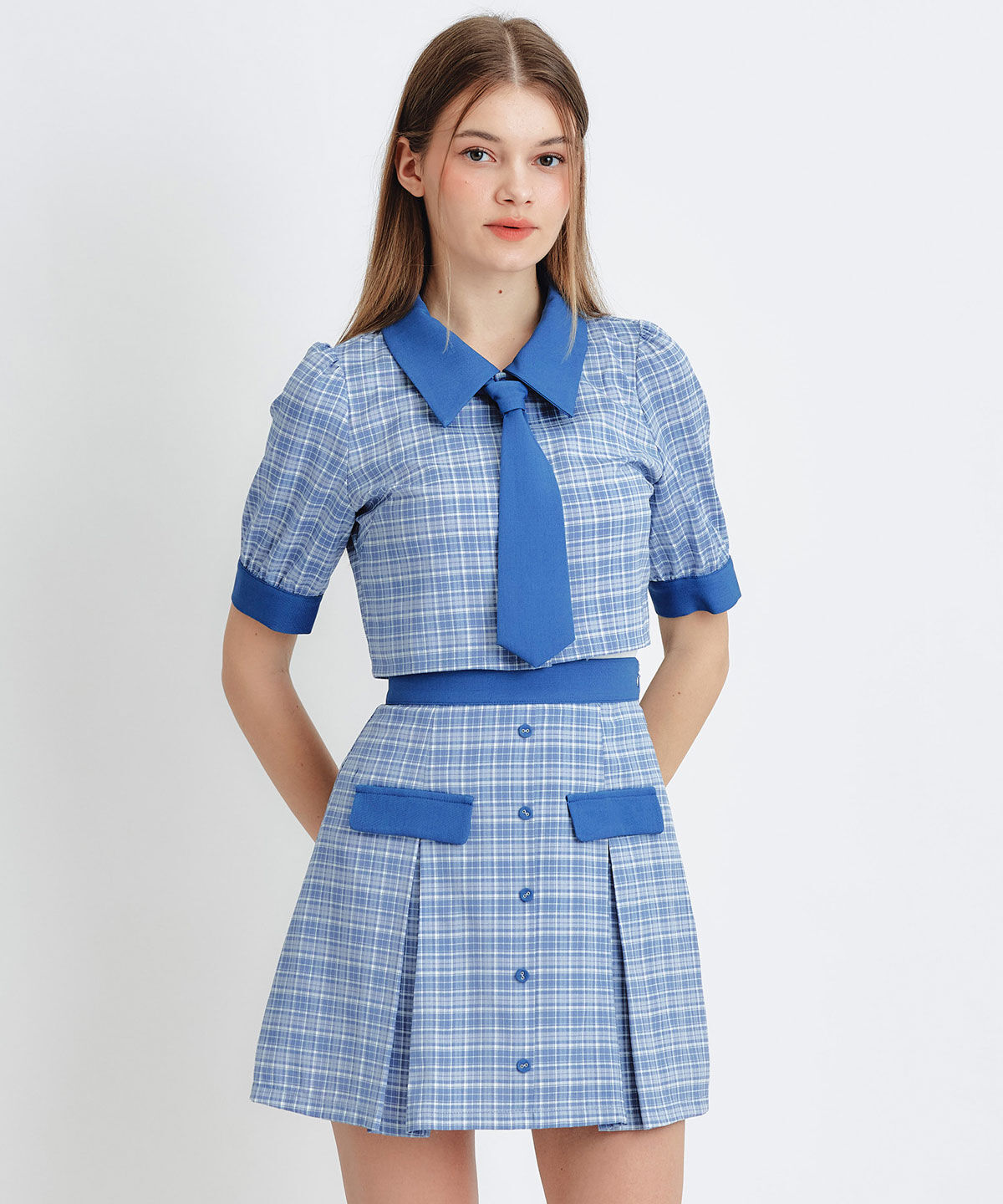 REDYAZEL「ﾌﾟﾚｯﾋﾟｰﾈｸﾀｲﾁｪｯｸﾌﾞﾗｳｽ&times;ﾌﾟﾘｰﾂﾐﾆｽｶｰﾄｾ  」|ワンピース|紺系チェック