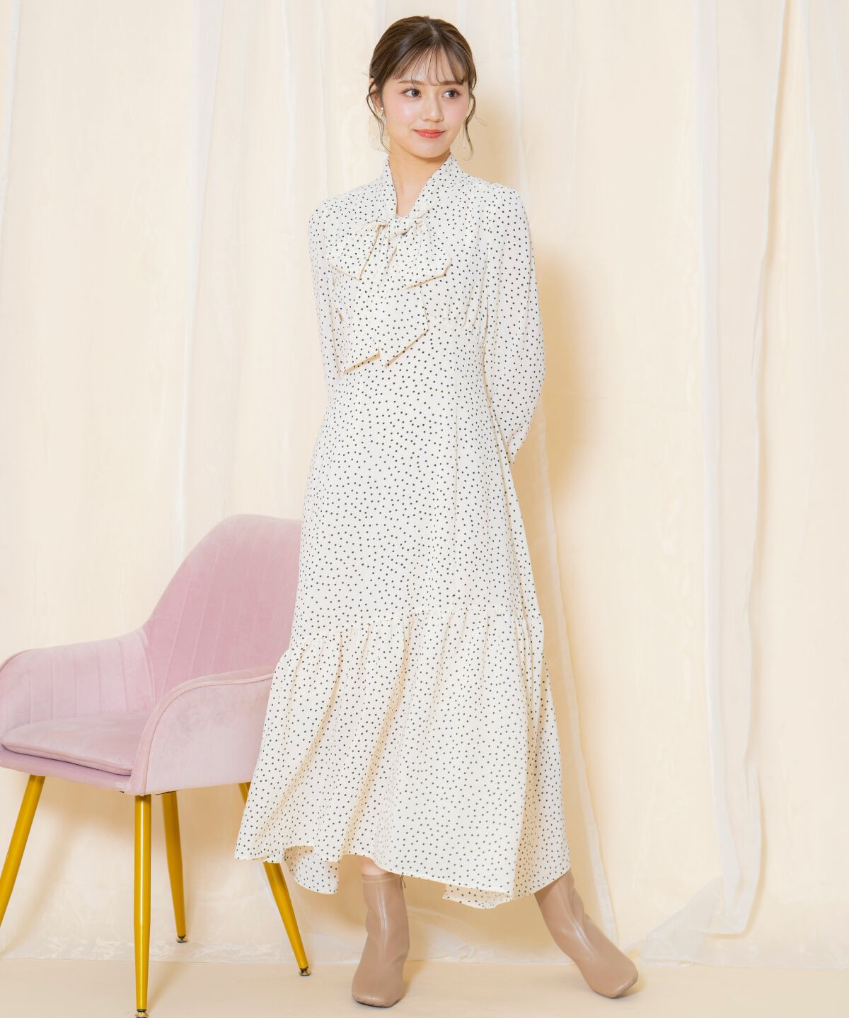 WILLSELECTION「ドット柄ギャザーヘムボウタイワンピース」|ワンピース|