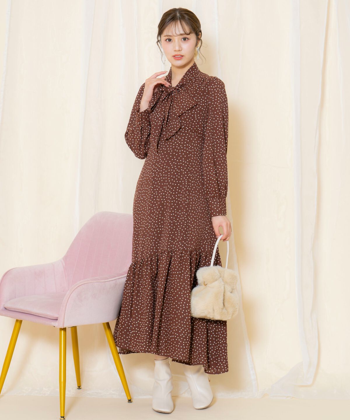 WILLSELECTION「ドット柄ギャザーヘムボウタイワンピース」|ワンピース|