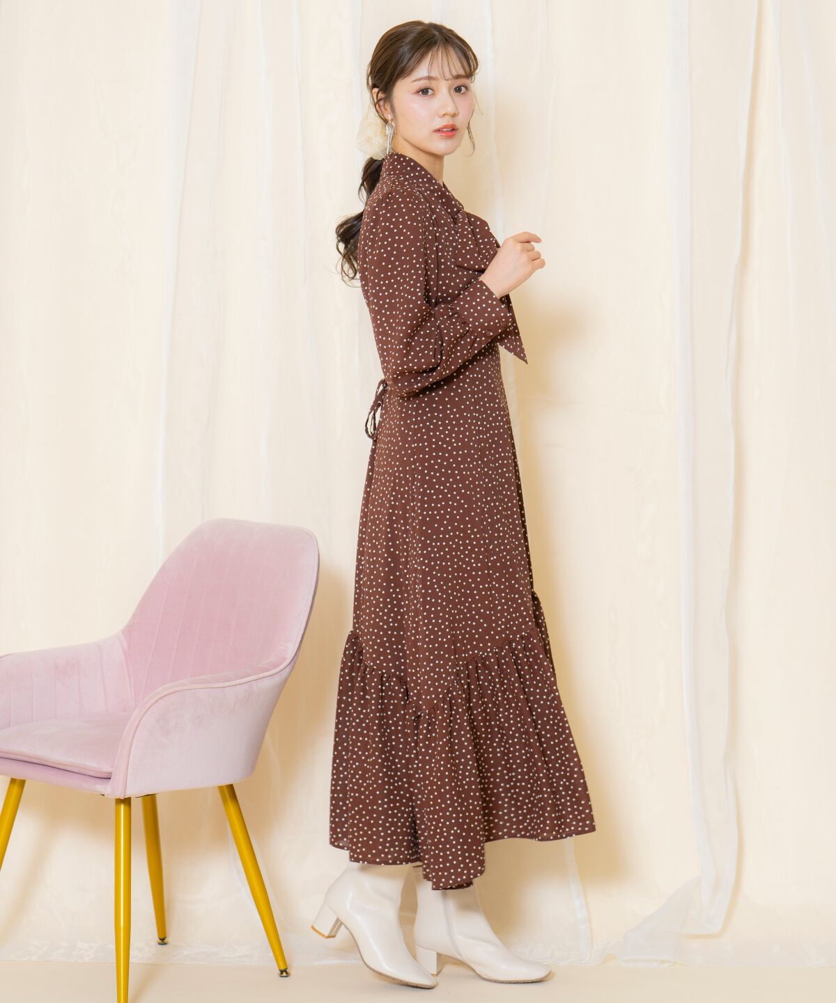 WILLSELECTION「ドット柄ギャザーヘムボウタイワンピース」|ワンピース|